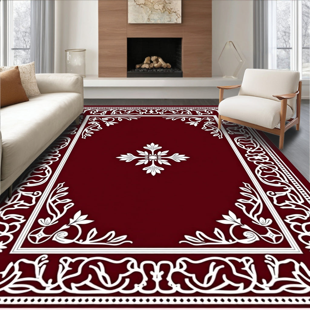 Deep Red White Floral Border Rug