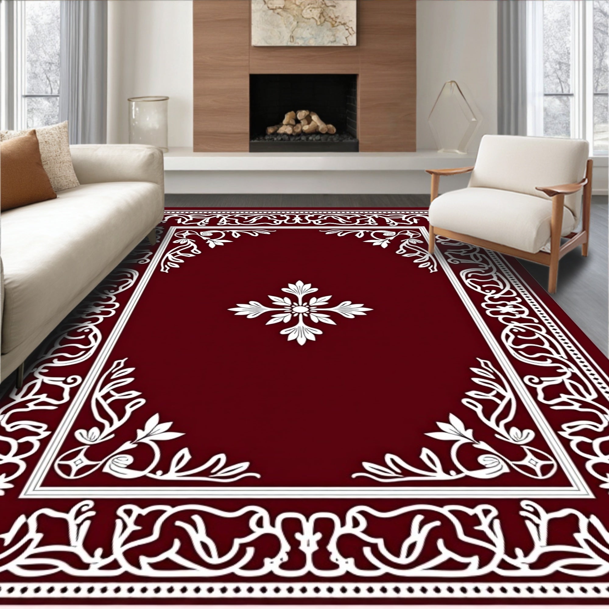 Deep Red White Floral Border Rug