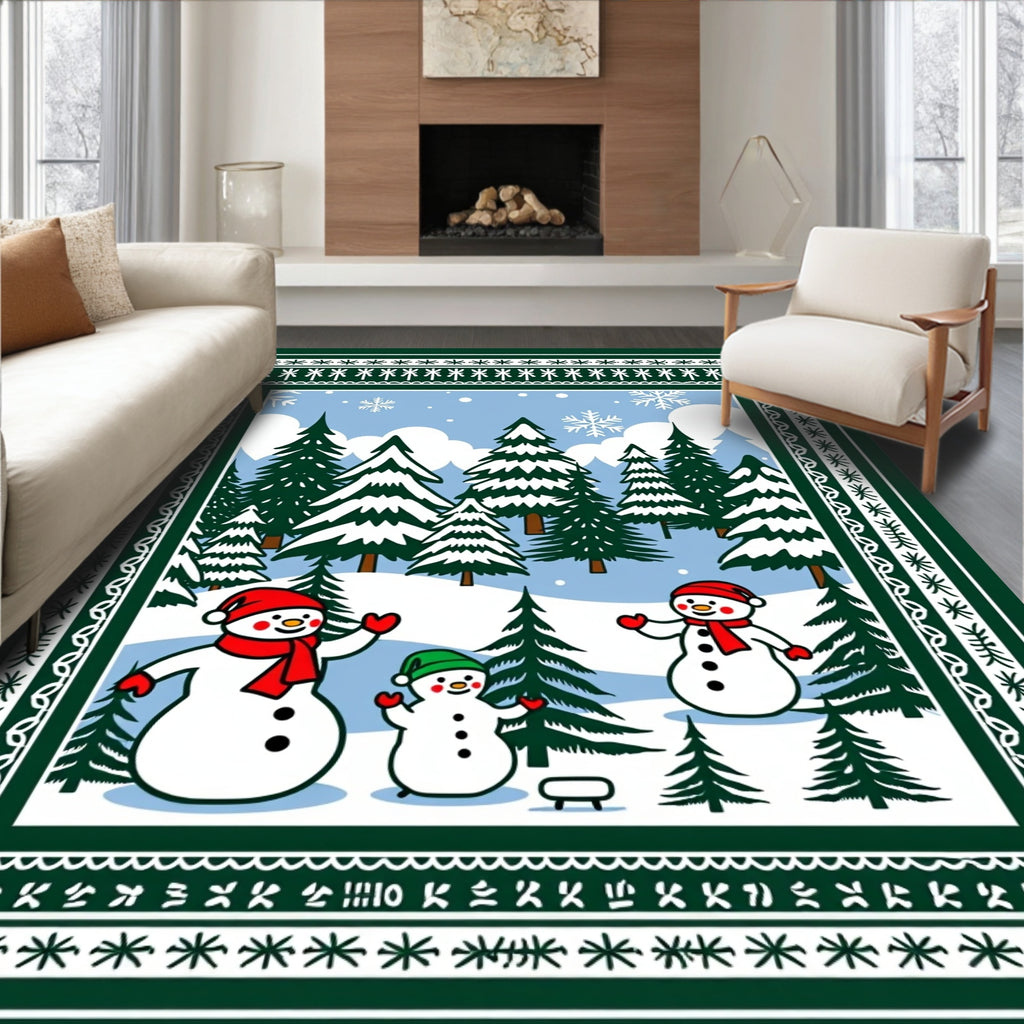 Charming Snowman Forest Winter Scene Rug