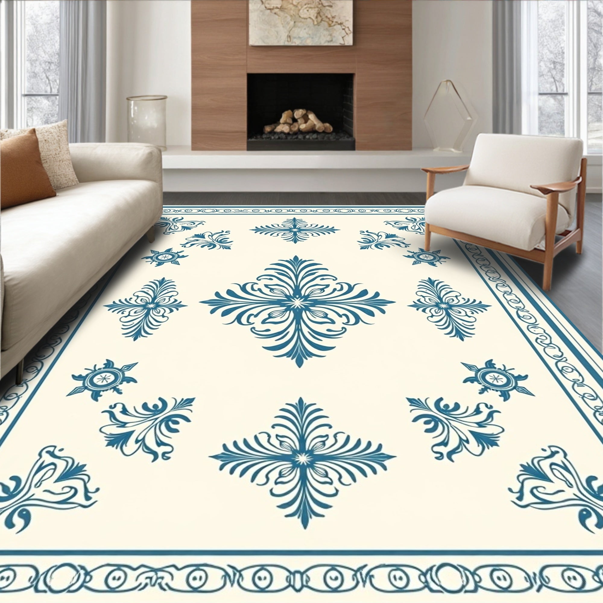 Classic Teal Floral Medallion Square Rug