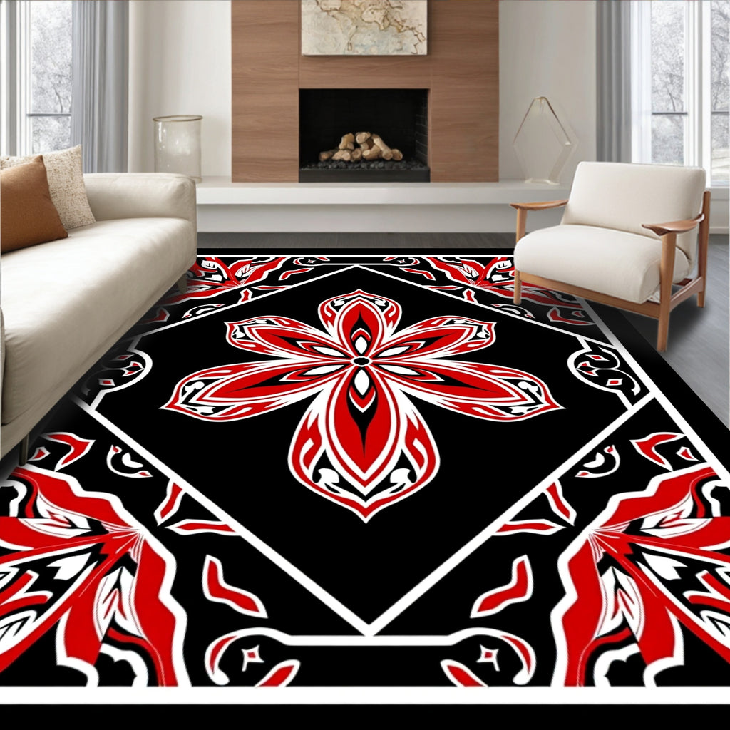 Bold Red Floral Black Diamond Rug