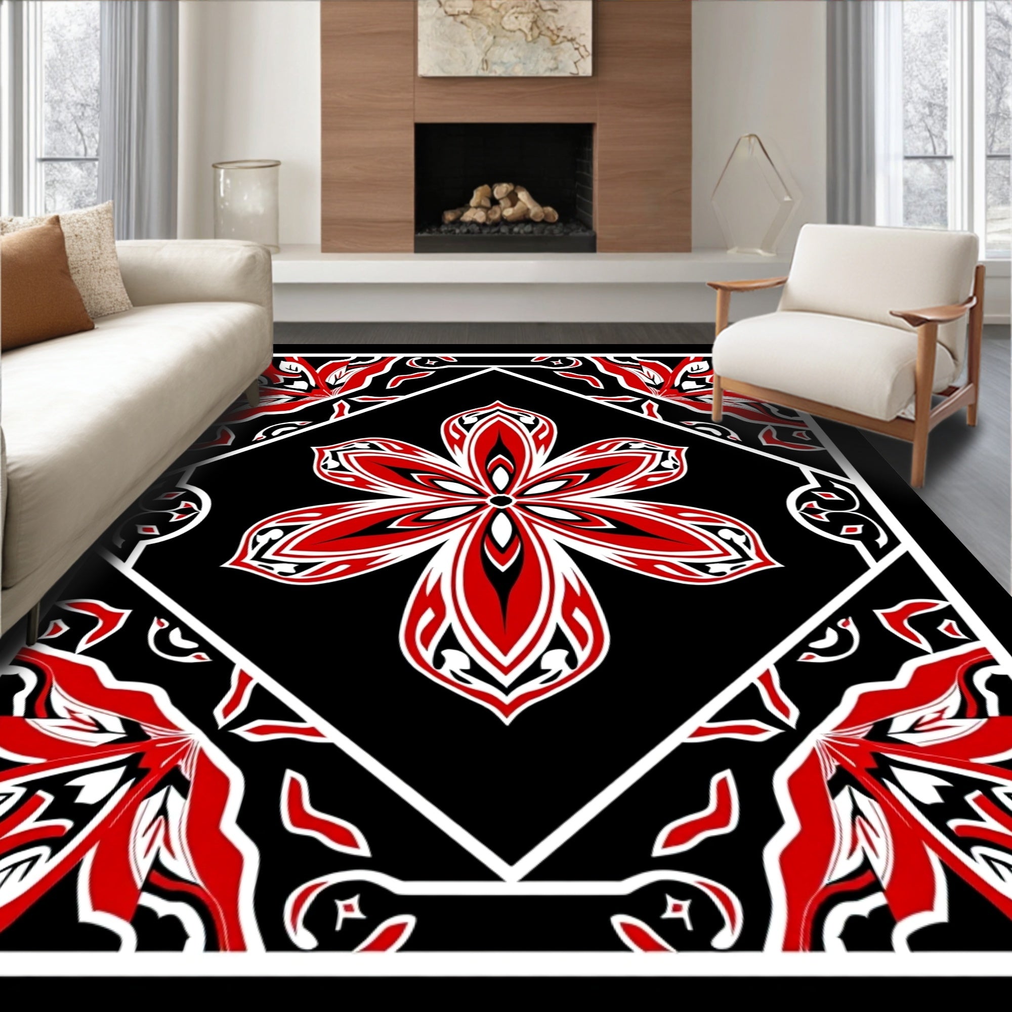 Bold Red Floral Black Diamond Rug