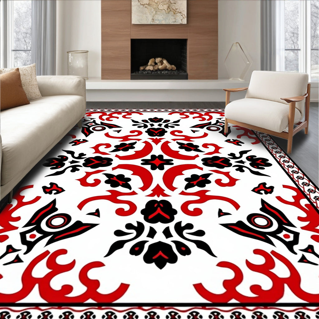 Bold Red Black Botanical Accents Rug