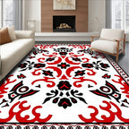 Bold Red Black Botanical Accents Rug