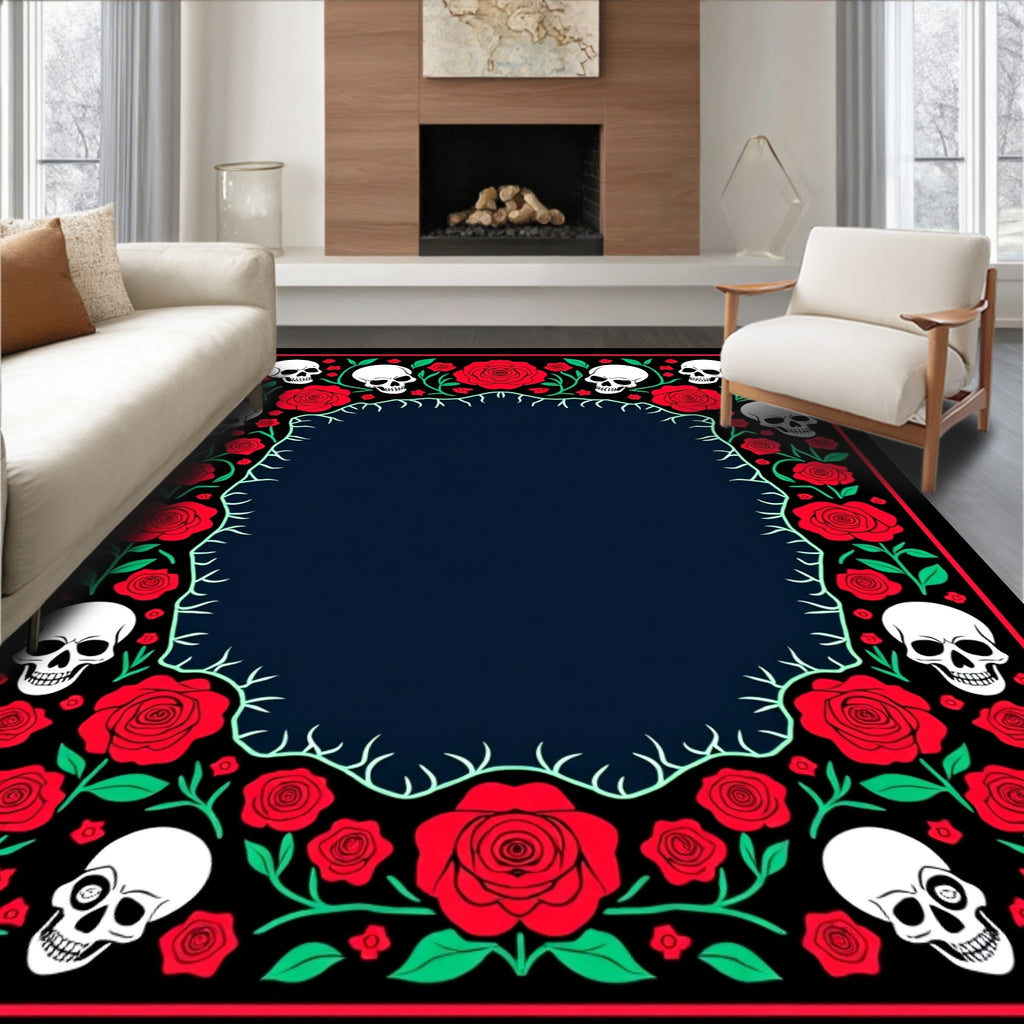 Gothic Red Roses Skulls Border Rug
