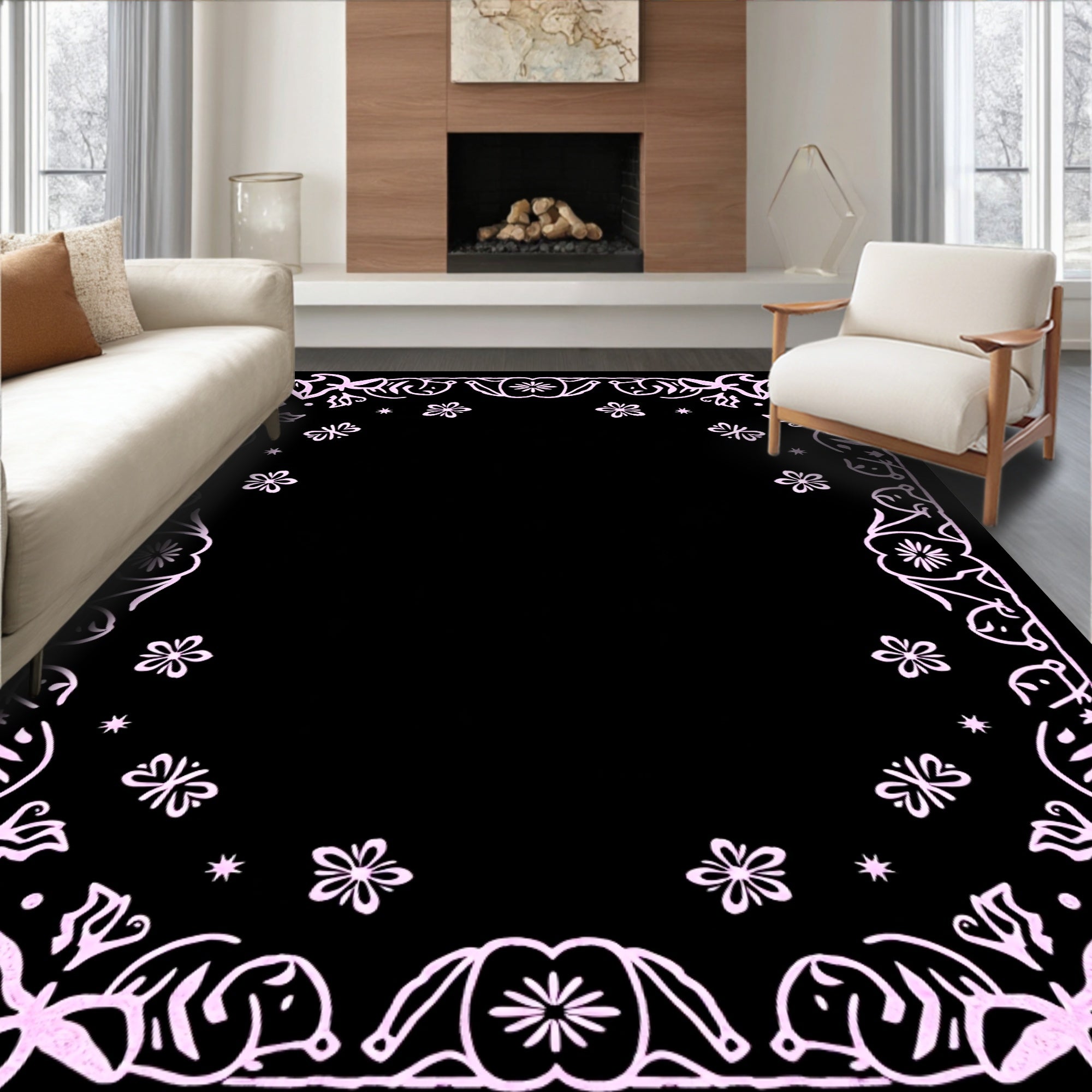 Pink Floral Butterfly Frame Rug