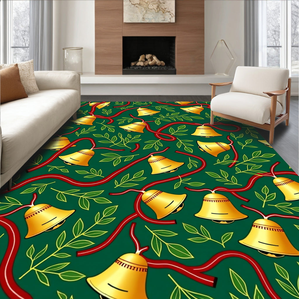 Golden Bells Red Ribbon Green Foliage Rug