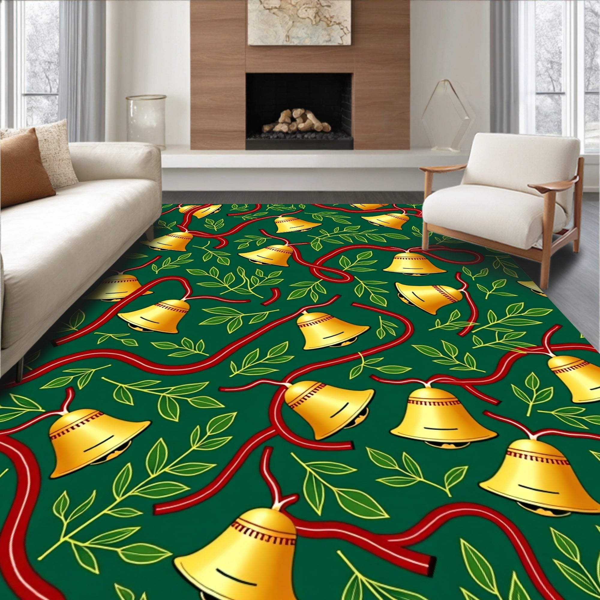 Golden Bells Red Ribbon Green Foliage Rug