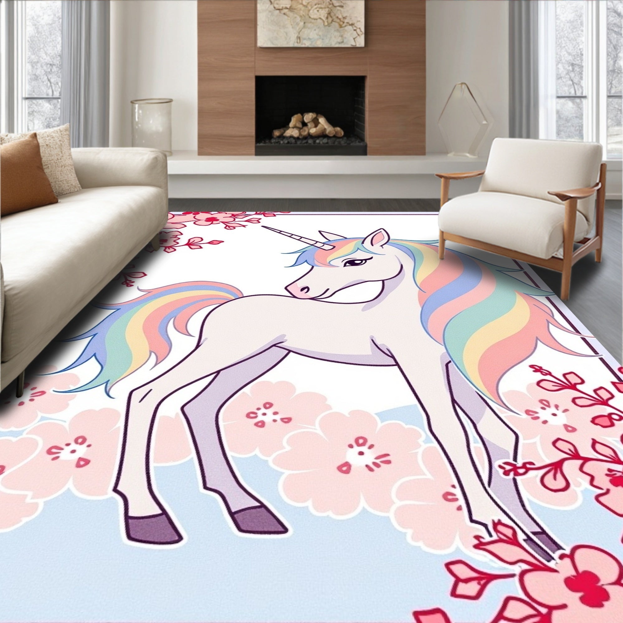 Pastel Unicorn Floral Frame Rug