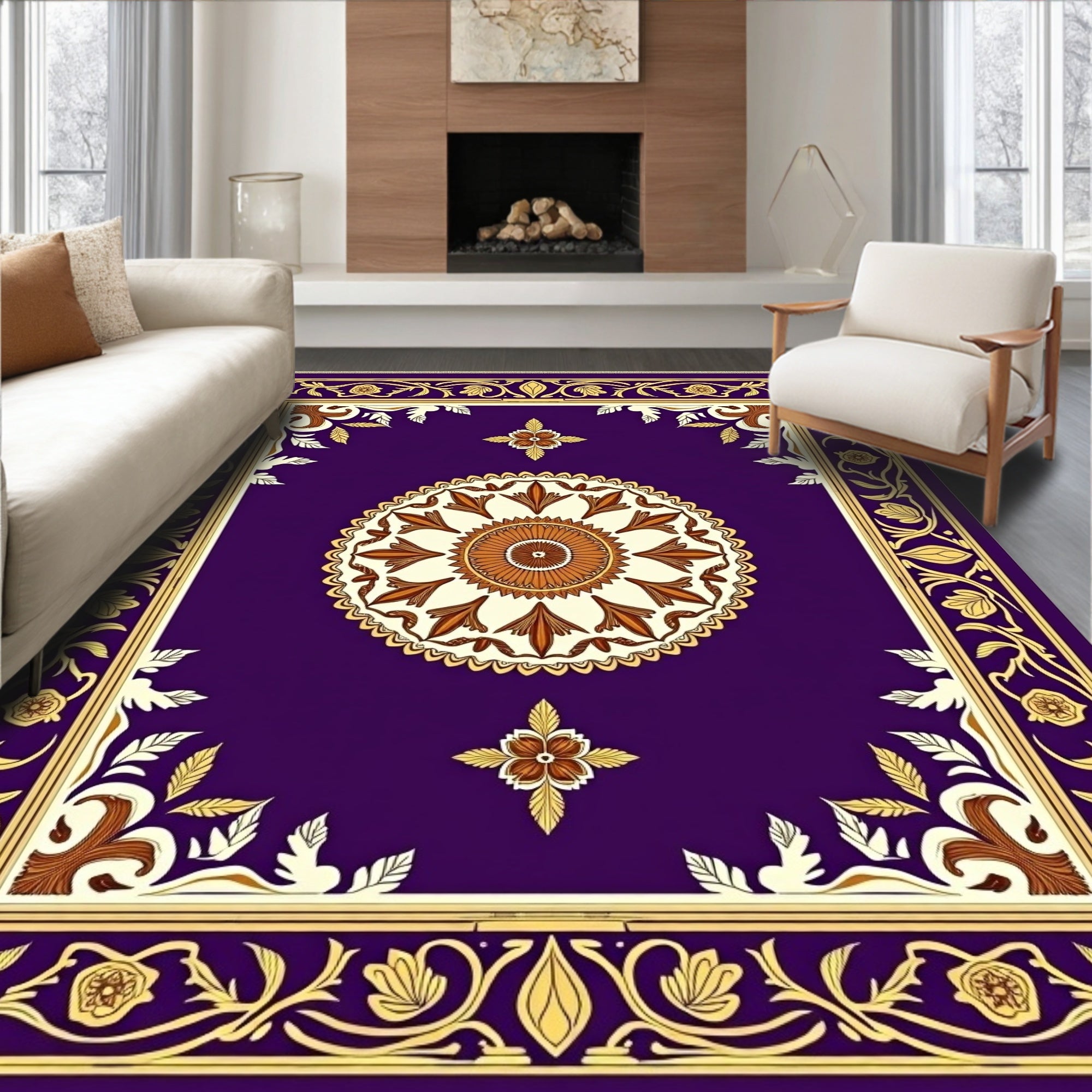 Royal Purple Floral Medallion Border Rug