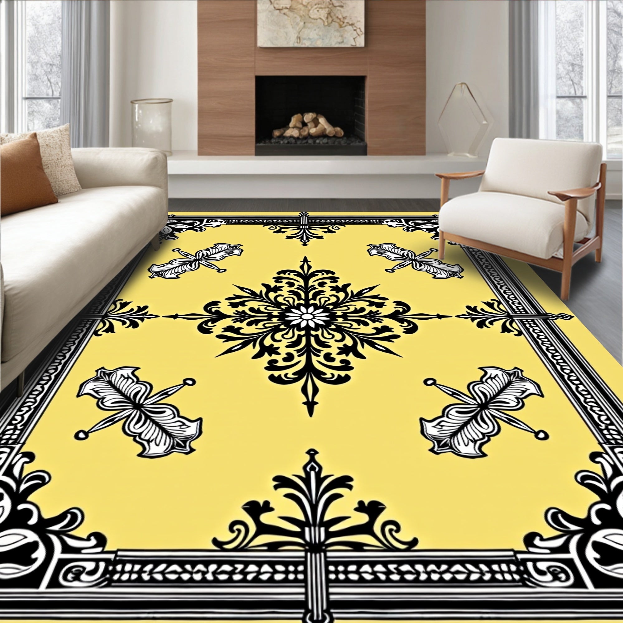 Golden Black Flourish Medallion Frame Rug