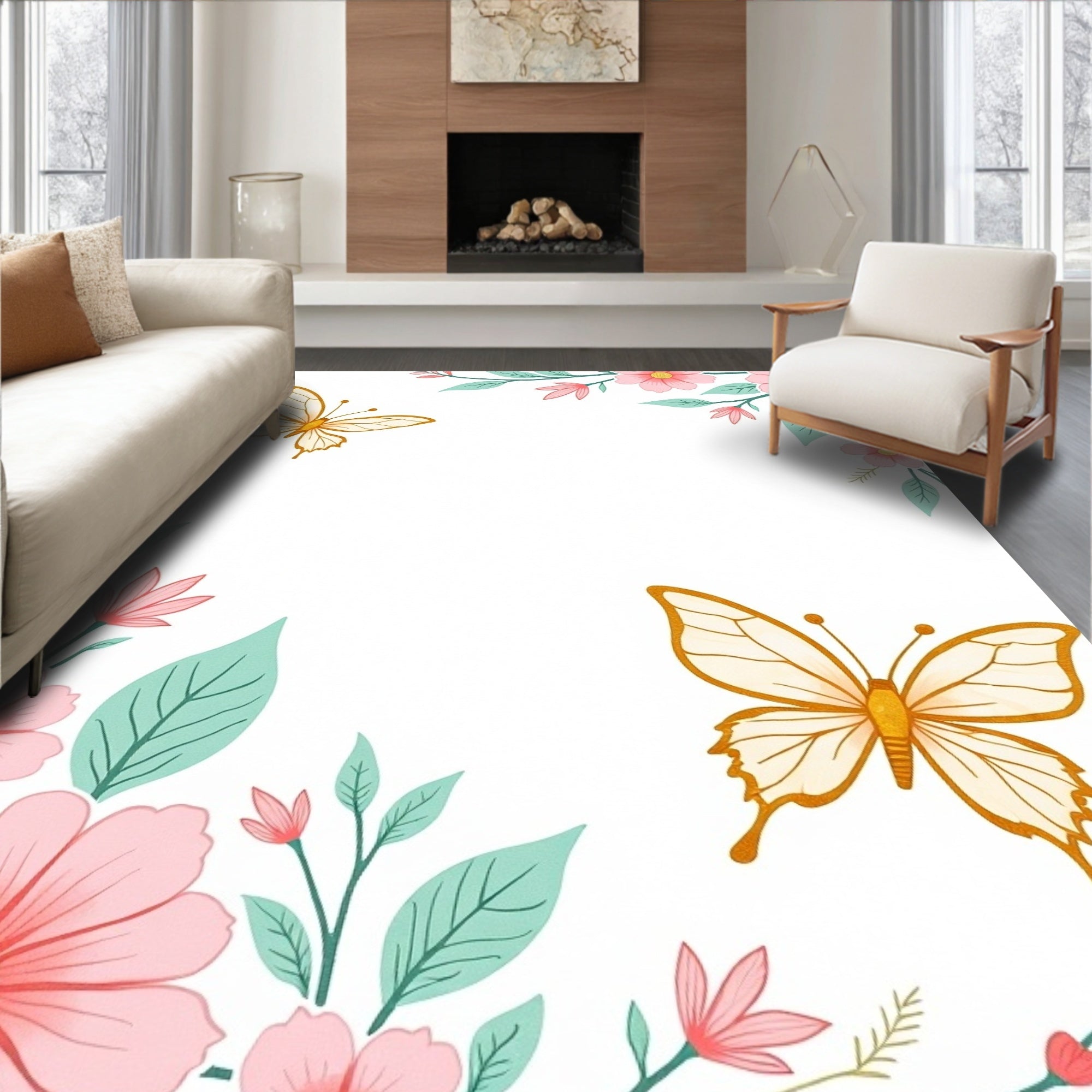 Whimsical Golden Butterfly Garden Rug