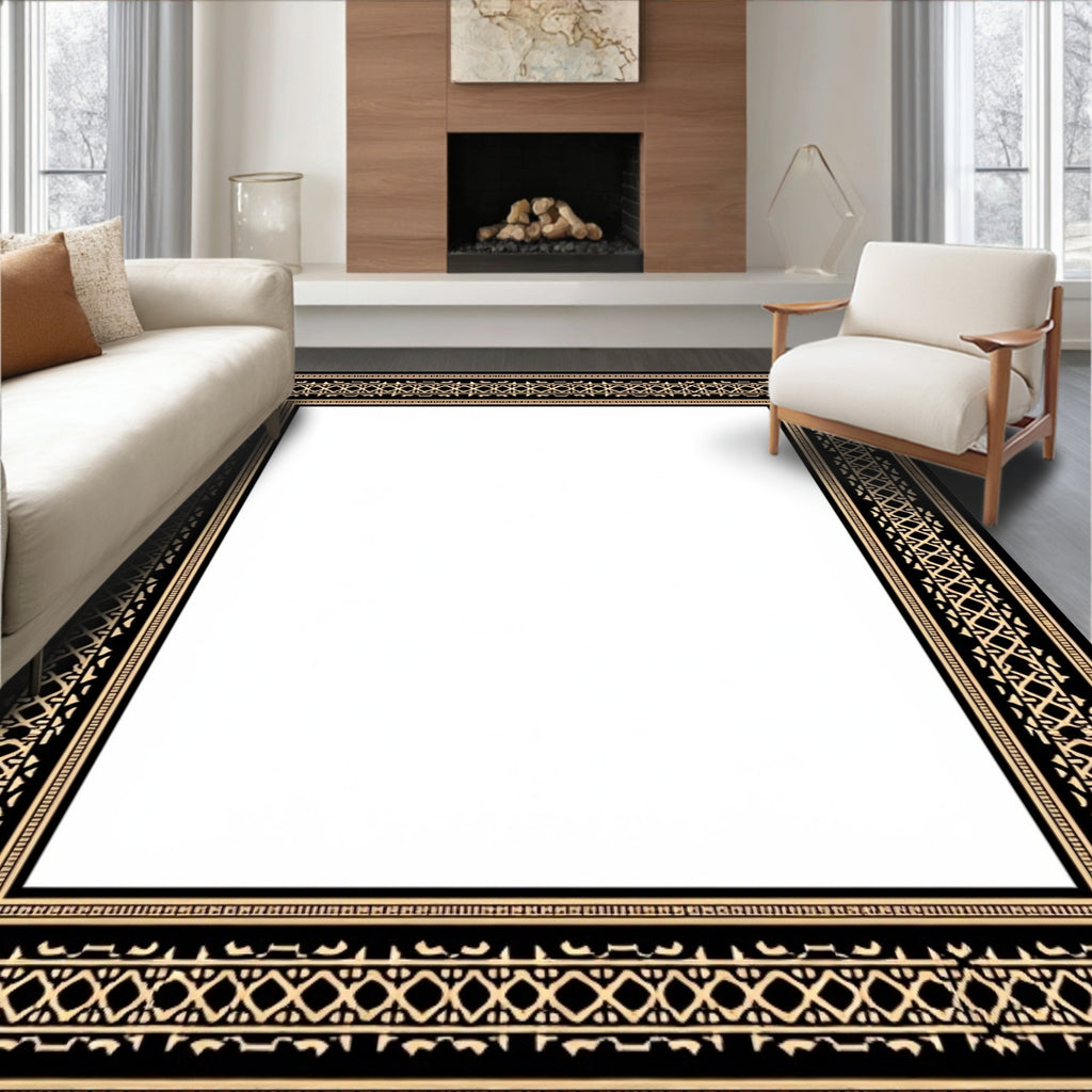 Ornate Black Gold Geometric Border Rug