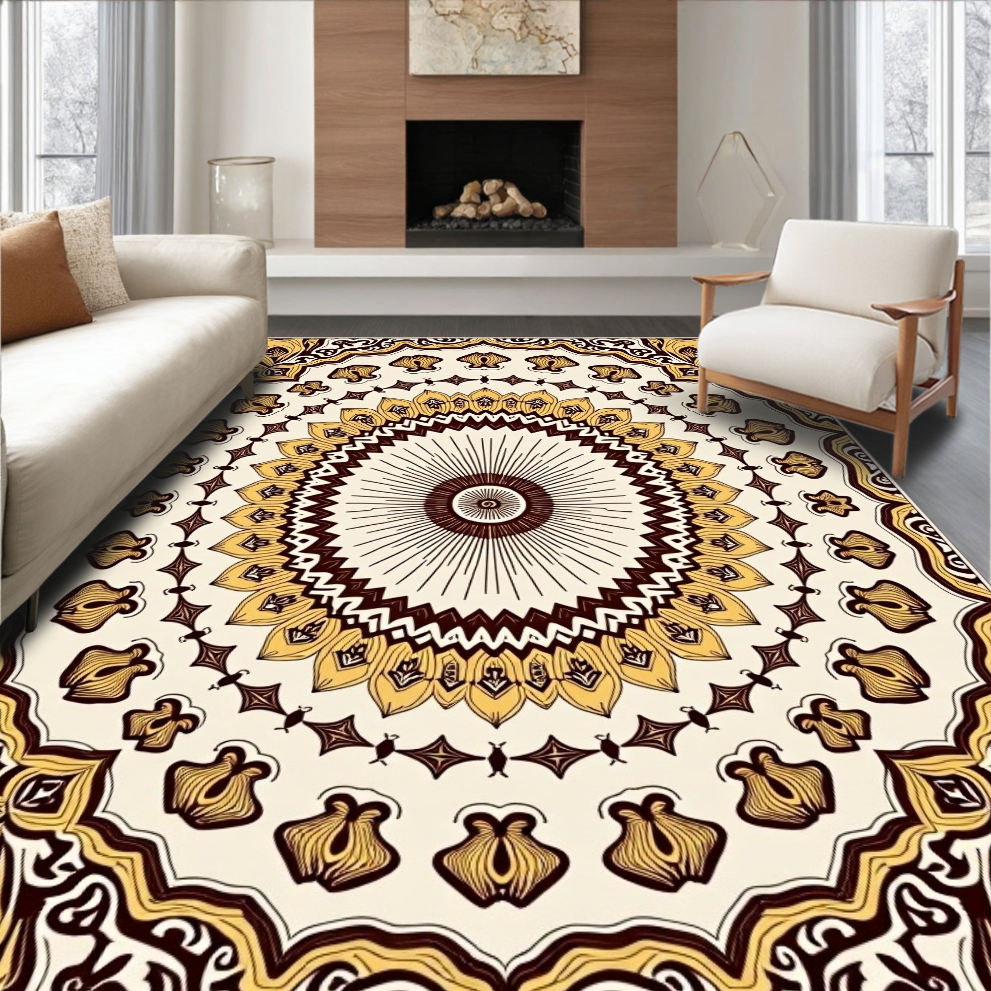 Cream Brown Sunburst Mandala Floral Rug