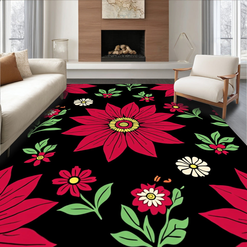 Bold Red Floral Medallion on Black Rug