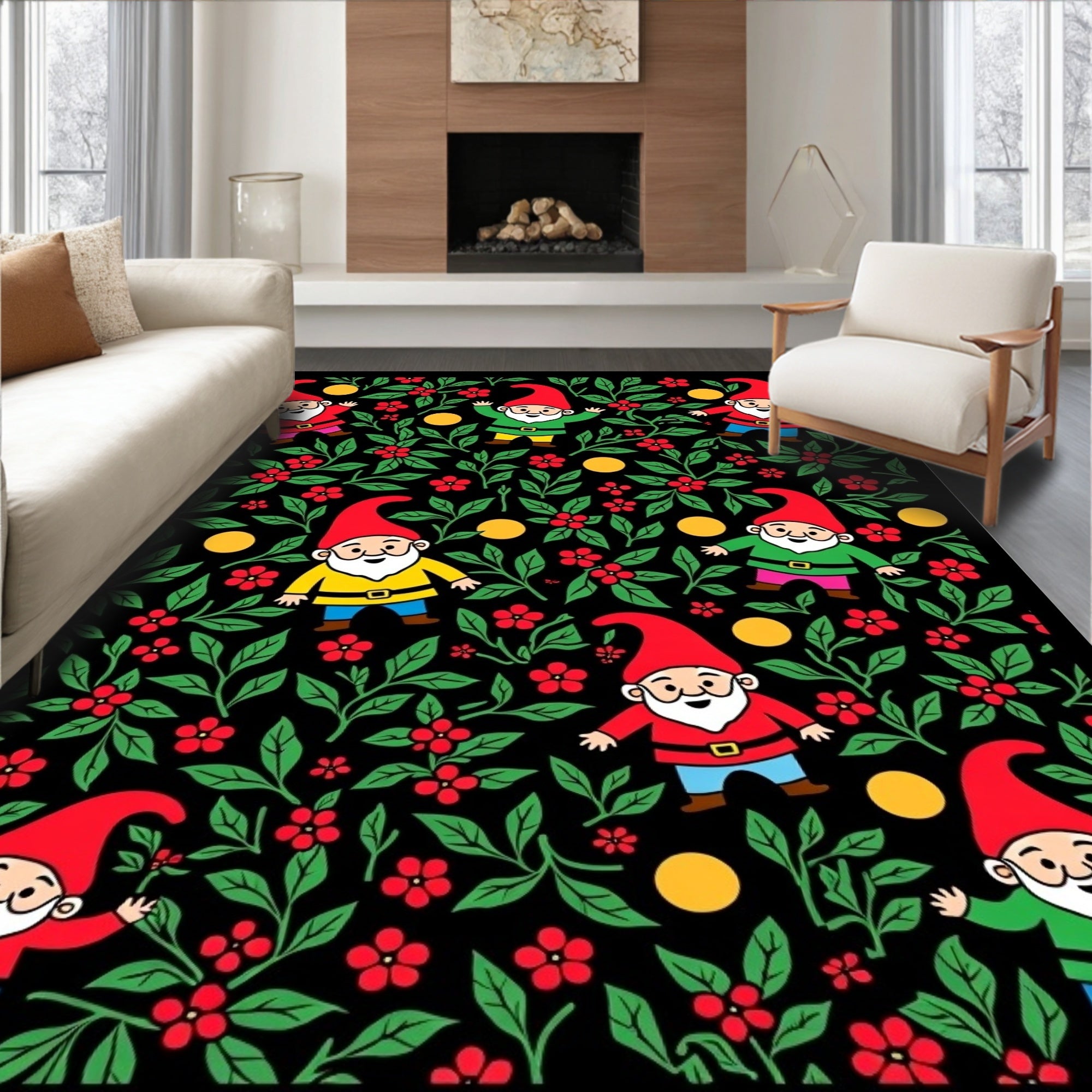 Whimsical Gnome Floral Garden Throw Rug