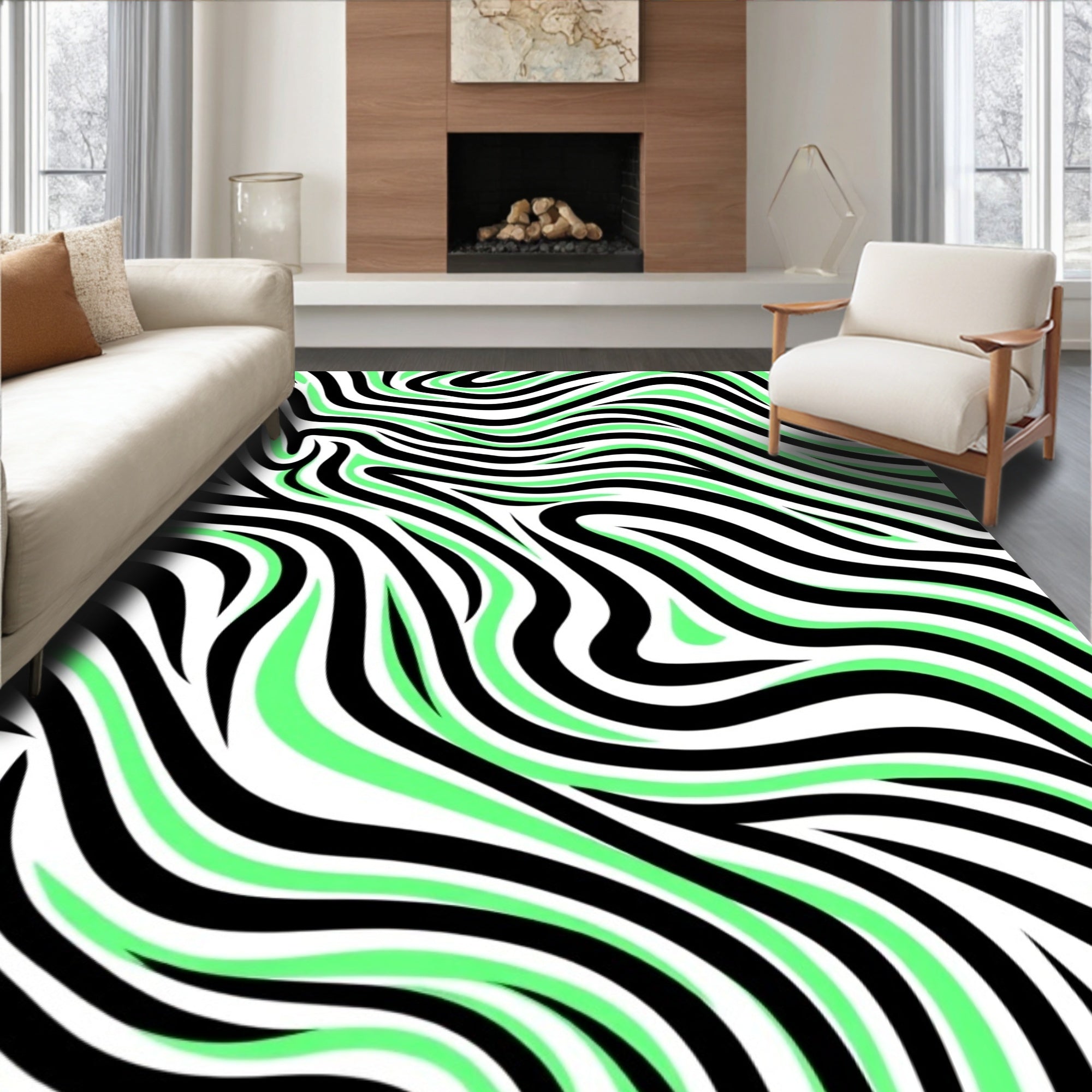 Bold Black Green Swirl Stripe Rug