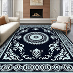 Dark Blue White Mandala Floral Border Rug