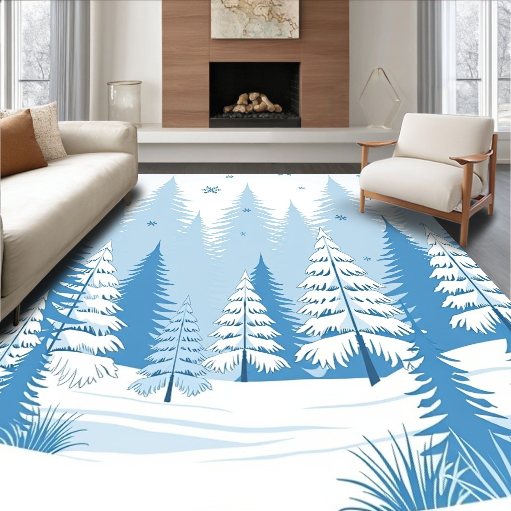 Winter Snowfall Forest Landscape Rug