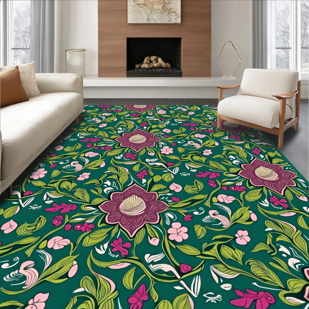 Deep Teal Floral Garden Vine Rug
