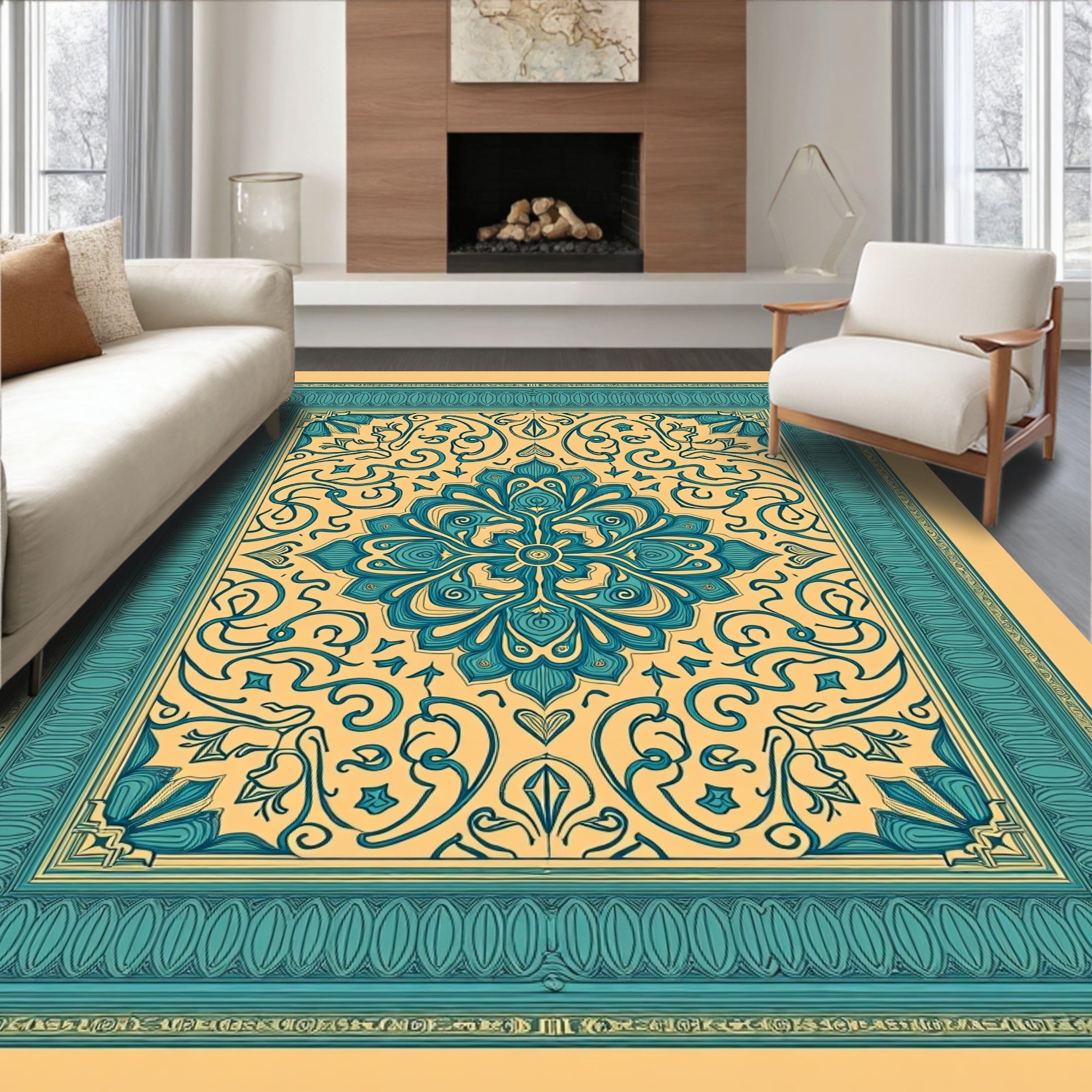Teal Floral Medallion Cream Border Rug
