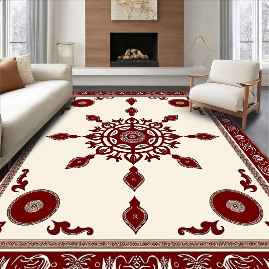 Deep Crimson Floral Sunburst Medallion Rug