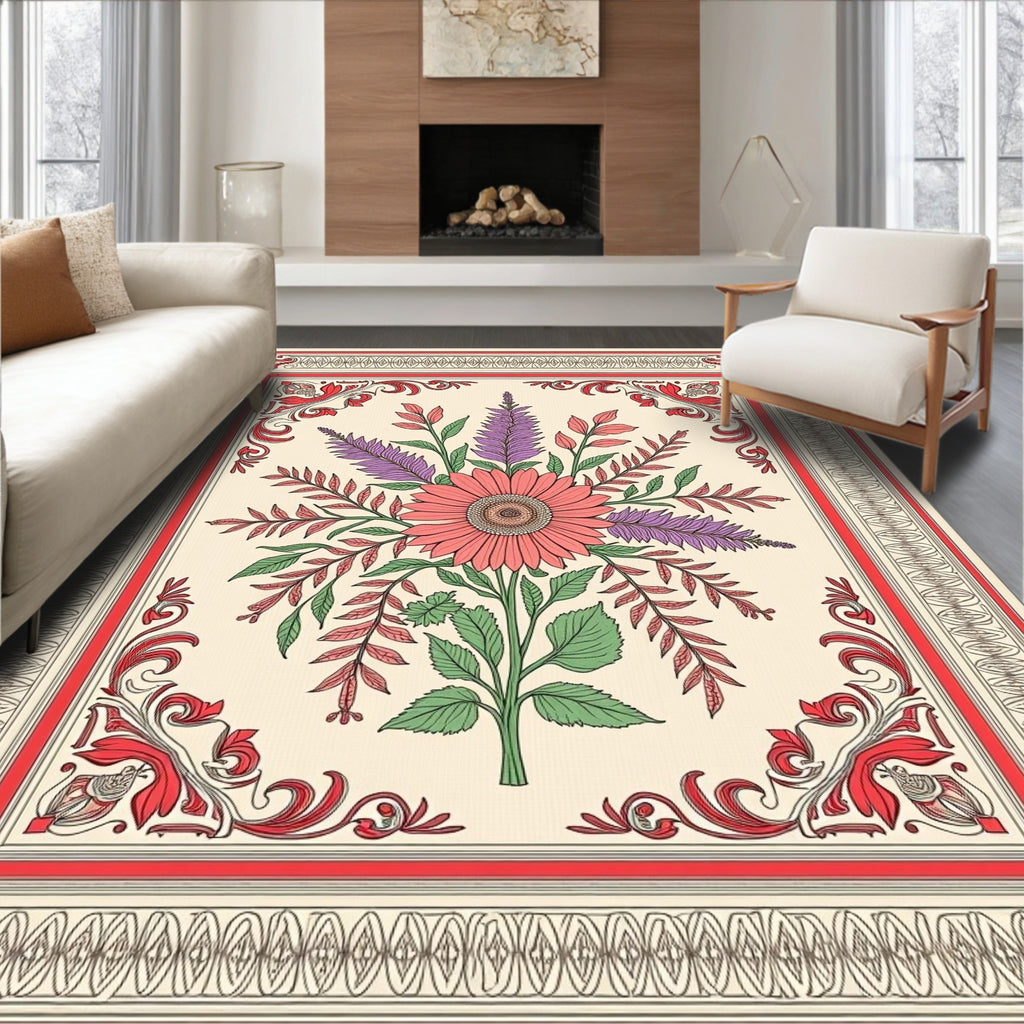 Cream Coral Purple Floral Bordered Rug