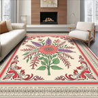 Cream Coral Purple Floral Bordered Rug