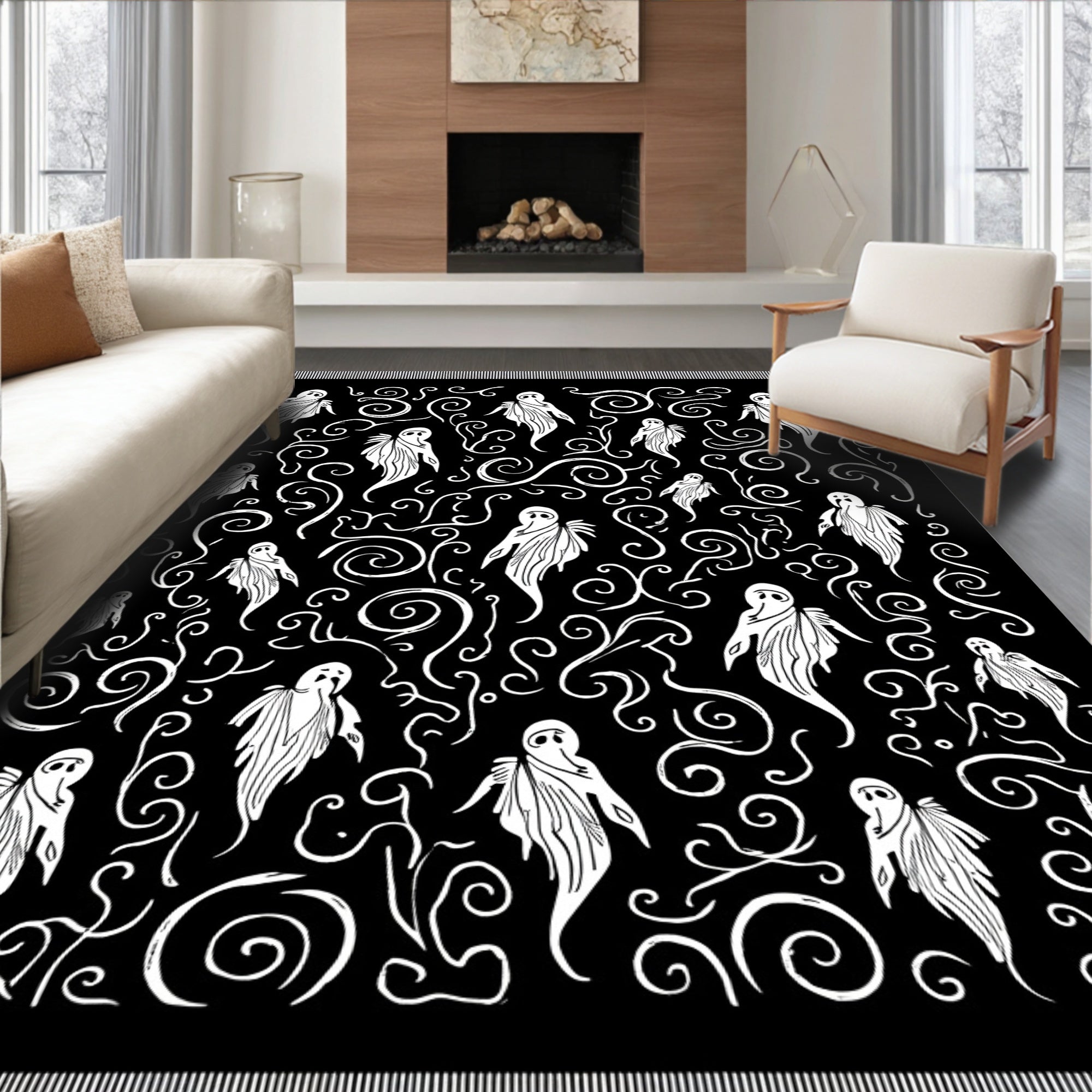 Eerie White Ghost Swirl Blackground Rug