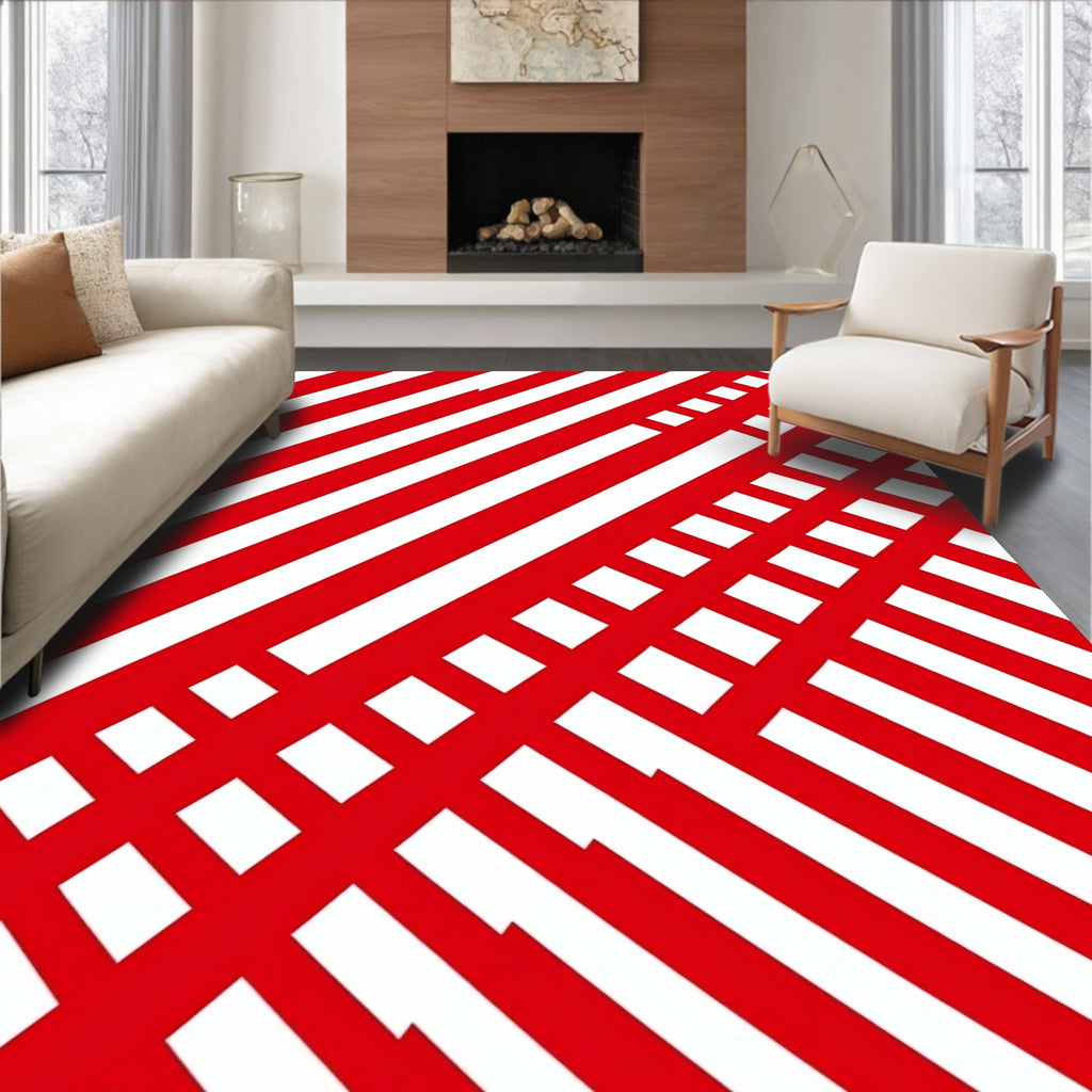 Bold Red White Diagonal Crossing Lines Rug
