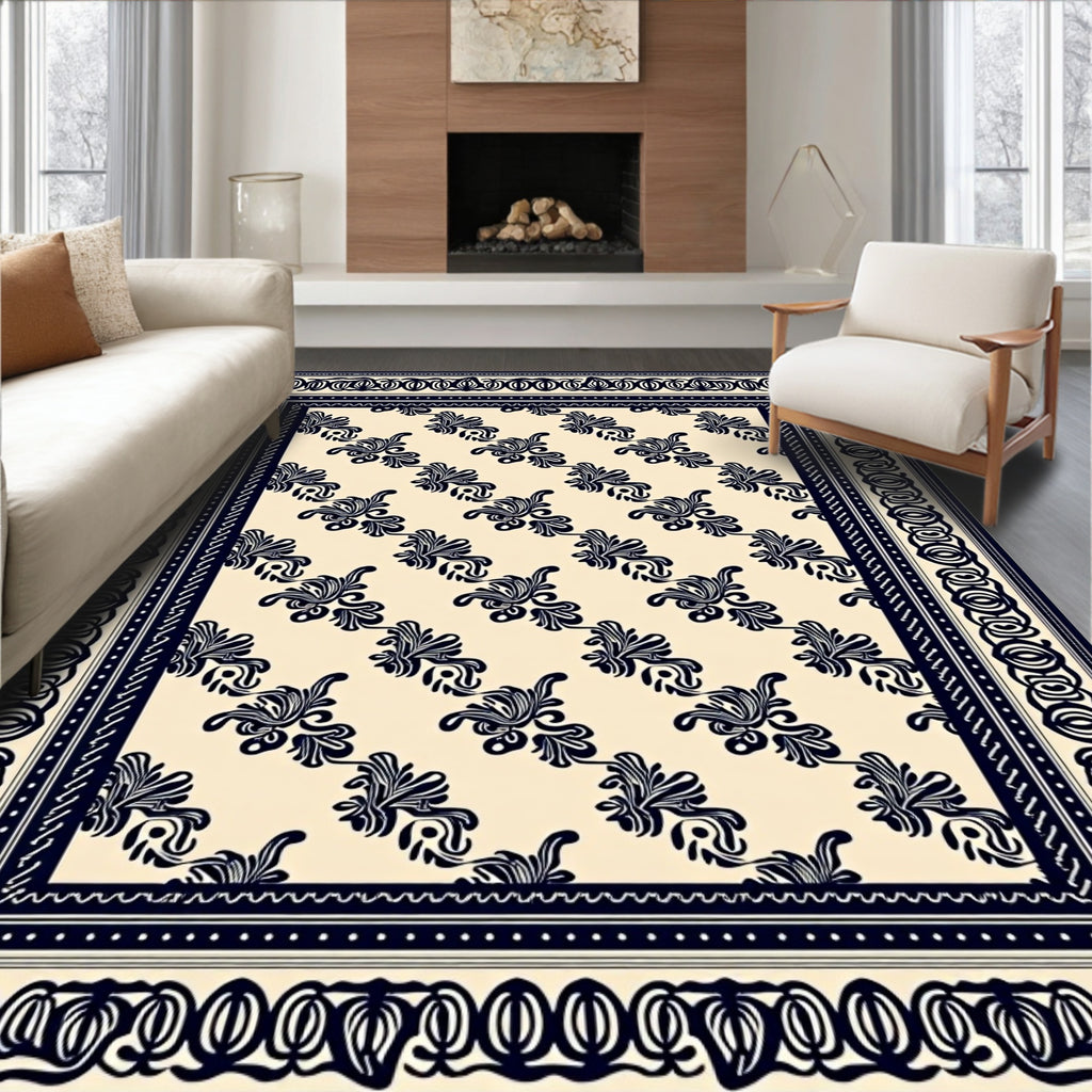 Classic Navy Floral Scroll Border Rug