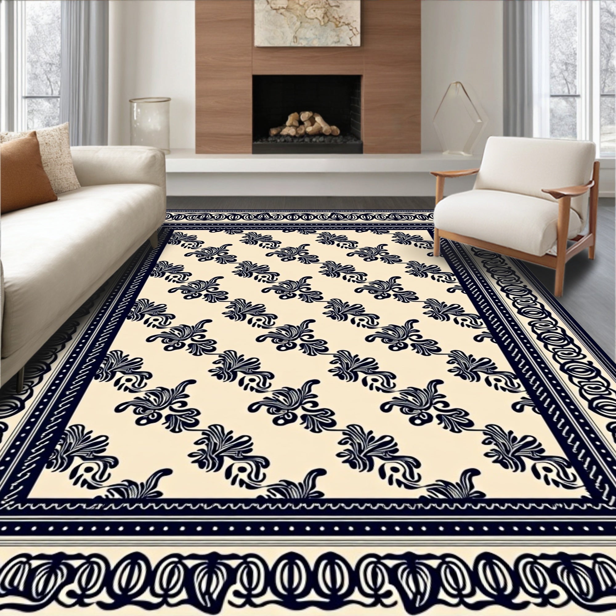 Classic Navy Floral Scroll Border Rug