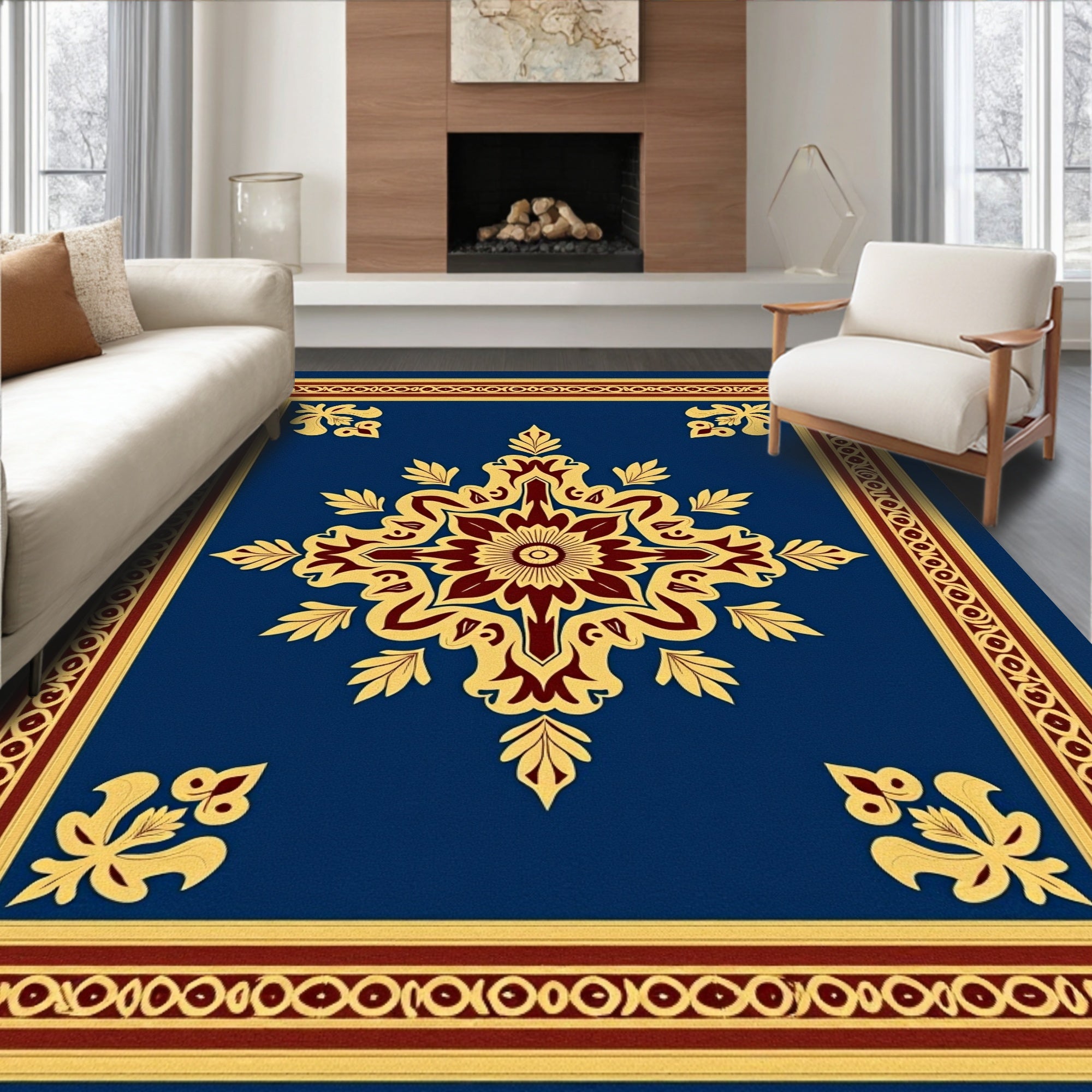 Rich Cobalt Golden Floral Medallion Rug