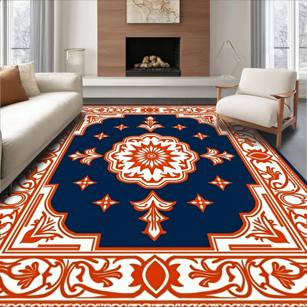 Traditional Navy Orange Floral Medallion Rug