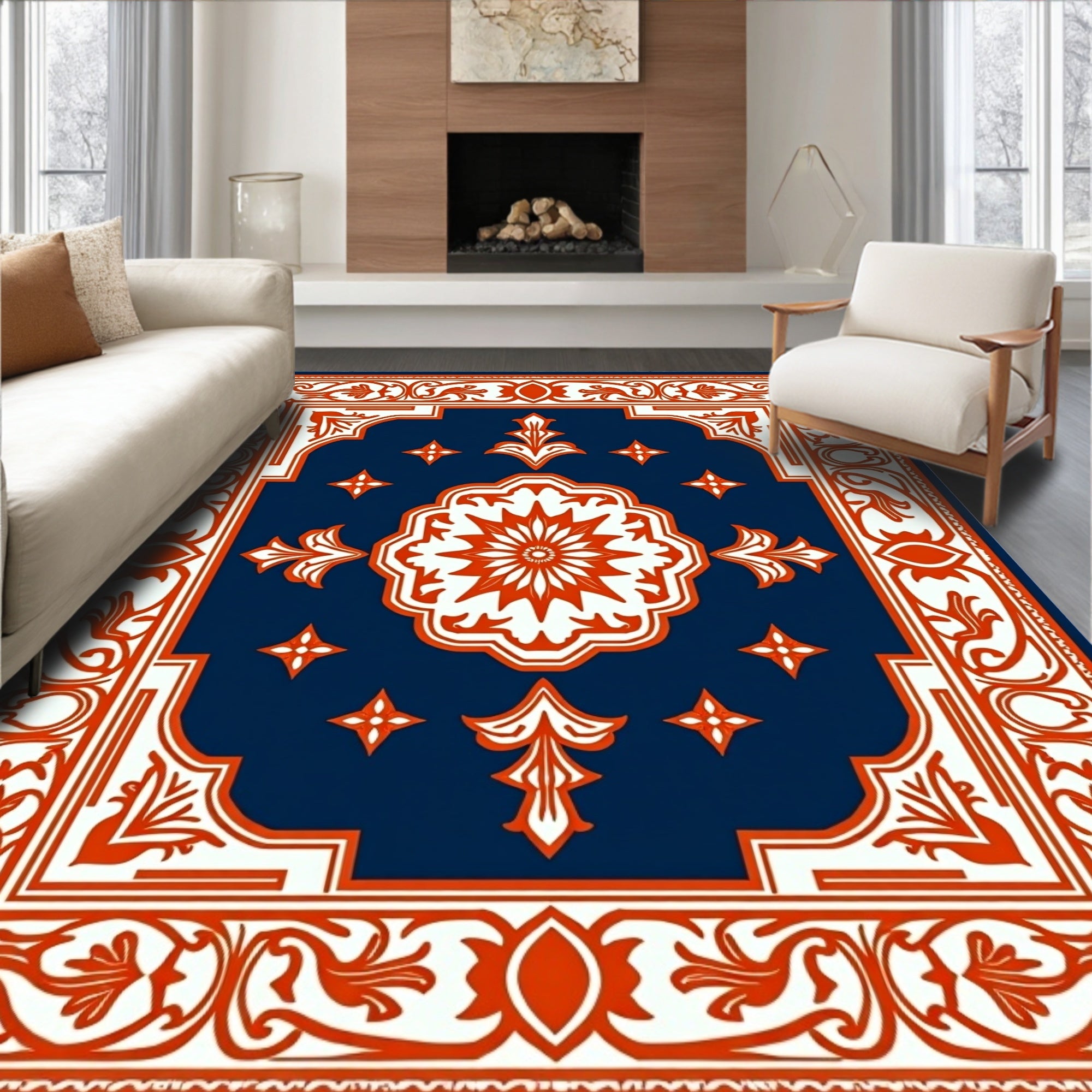 Traditional Navy Orange Floral Medallion Rug