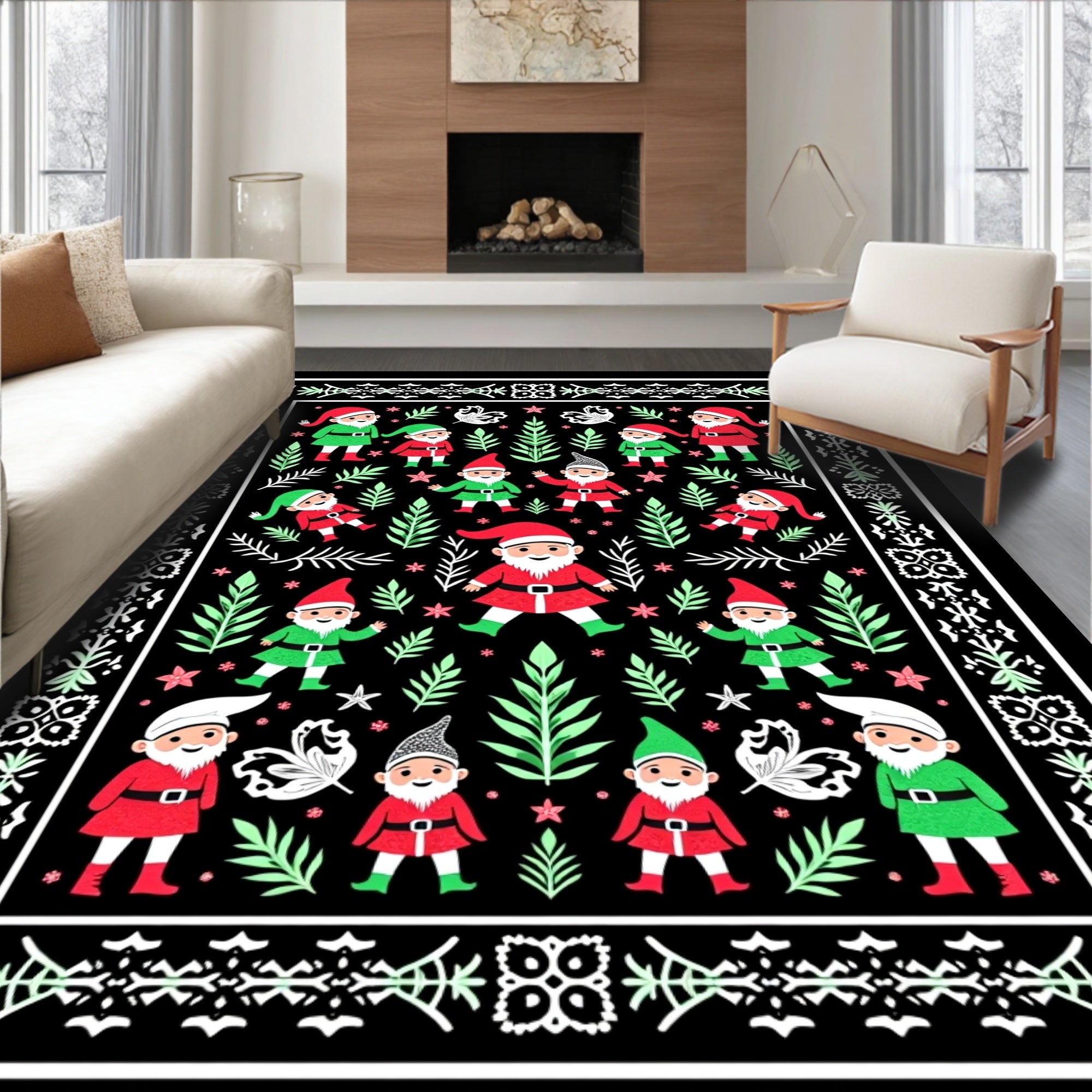 Festive Gnome Friends Green Red Border Rug