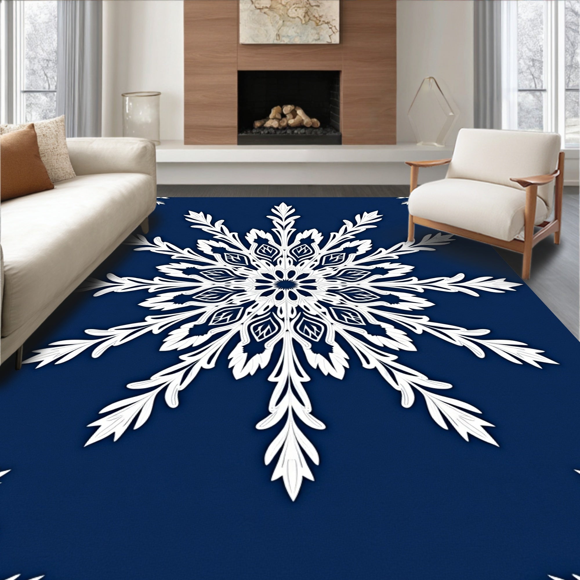 Navy White Lace Snowflake Mandala Rug