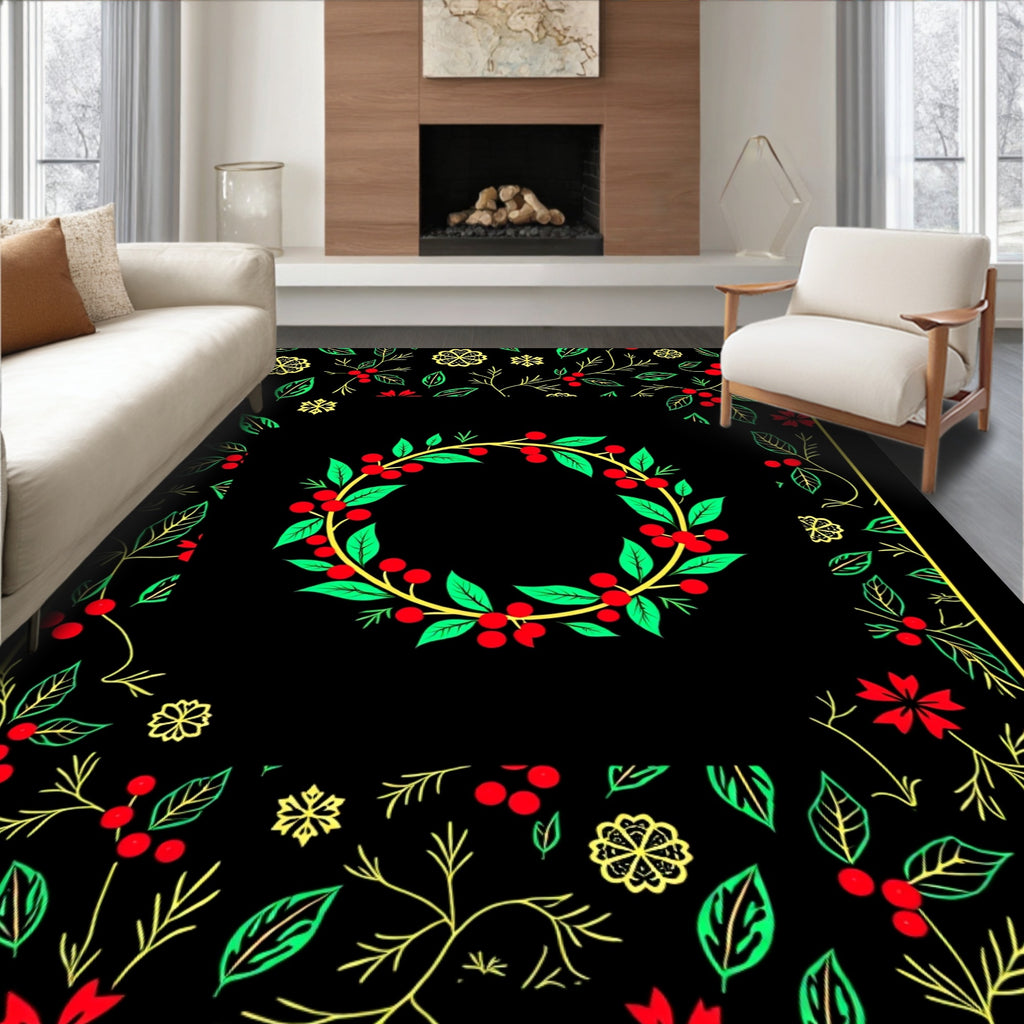 Crimson Berry Leaf Wreath Border Rug