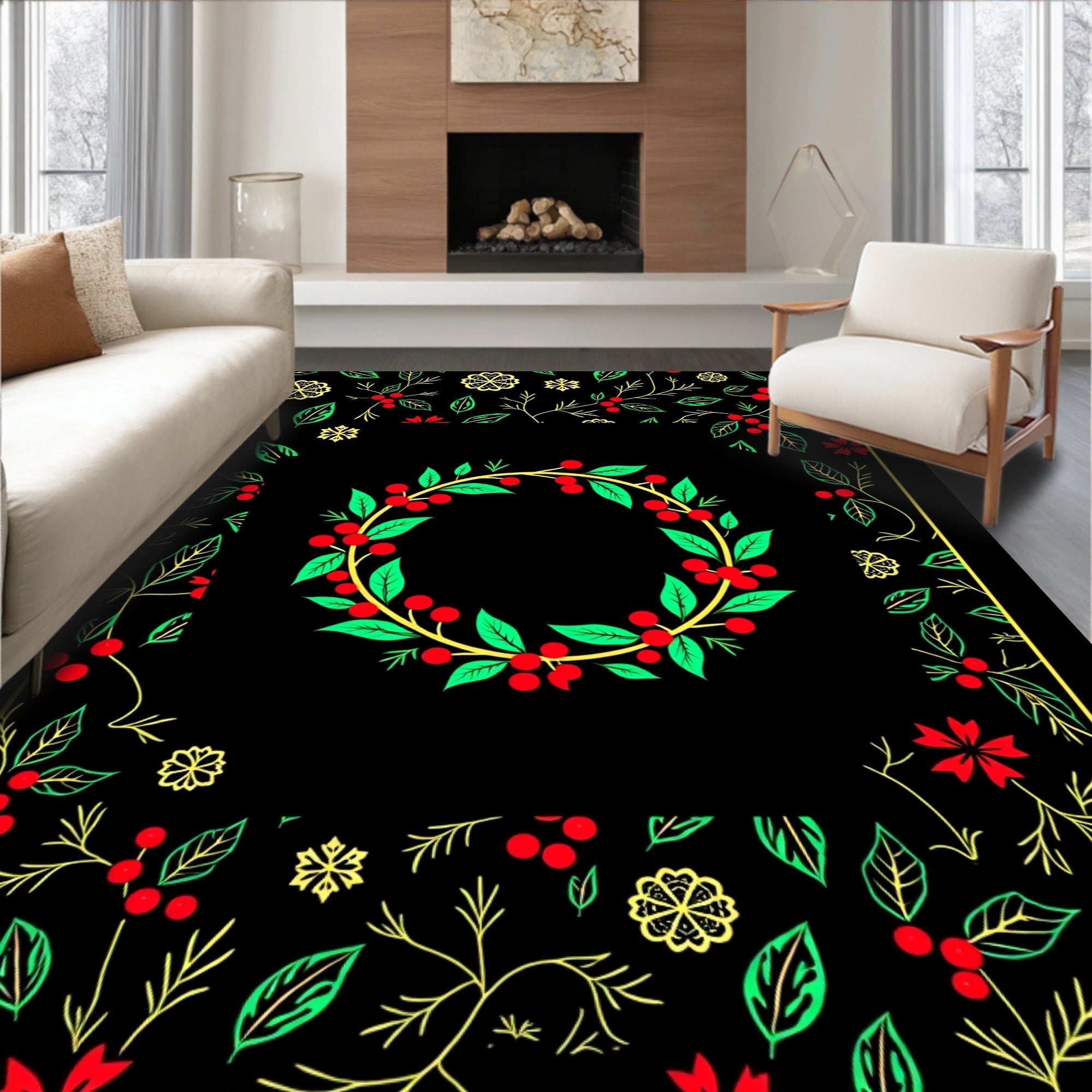 Crimson Berry Leaf Wreath Border Rug