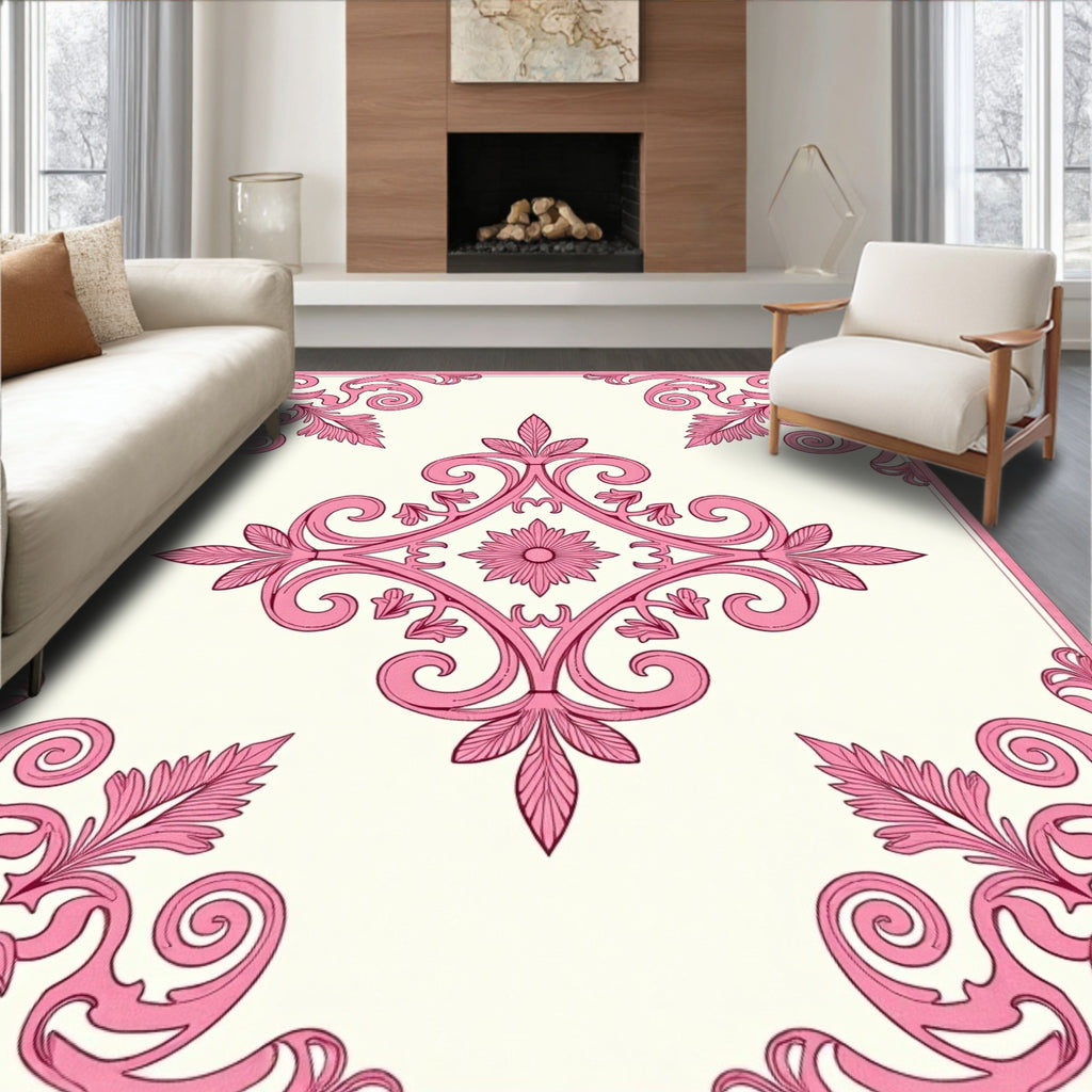 Rosy Pink Victorian Scroll Medallion Rug