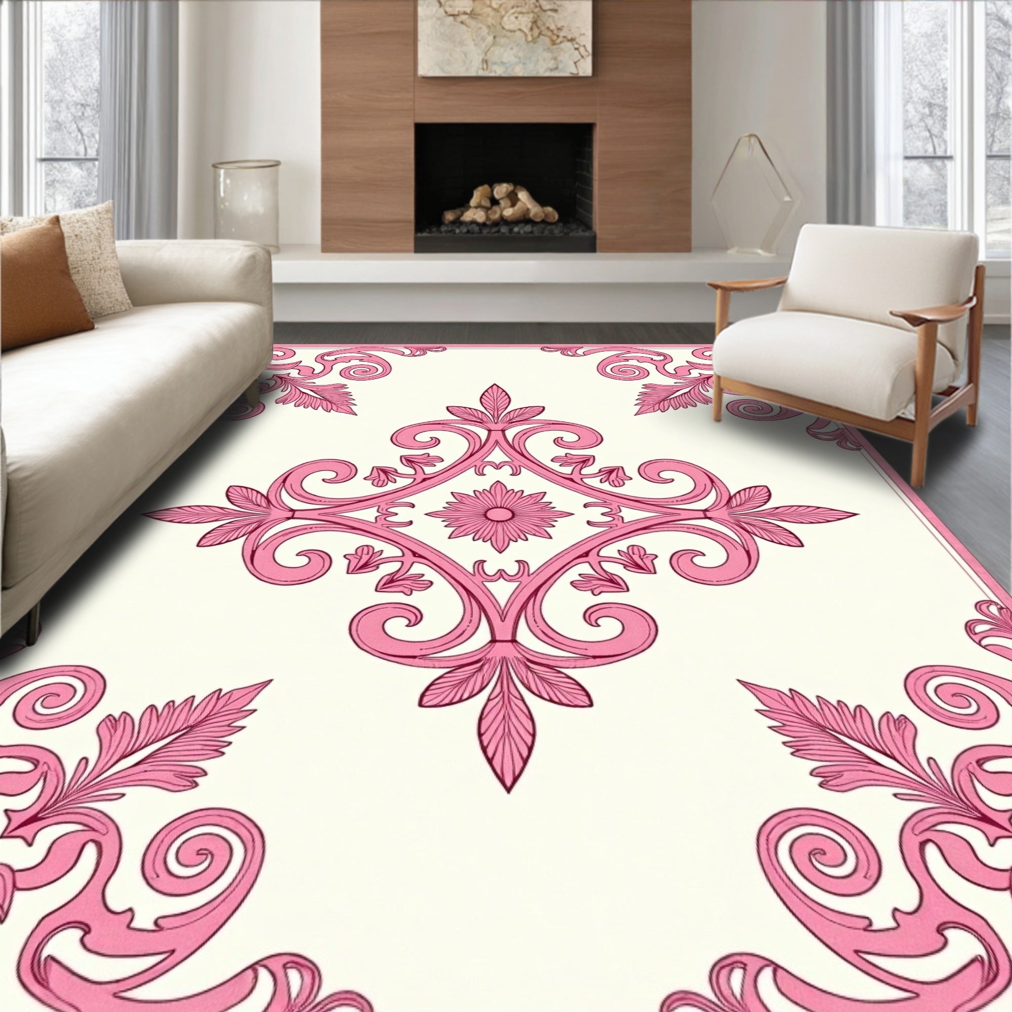 Rosy Pink Victorian Scroll Medallion Rug