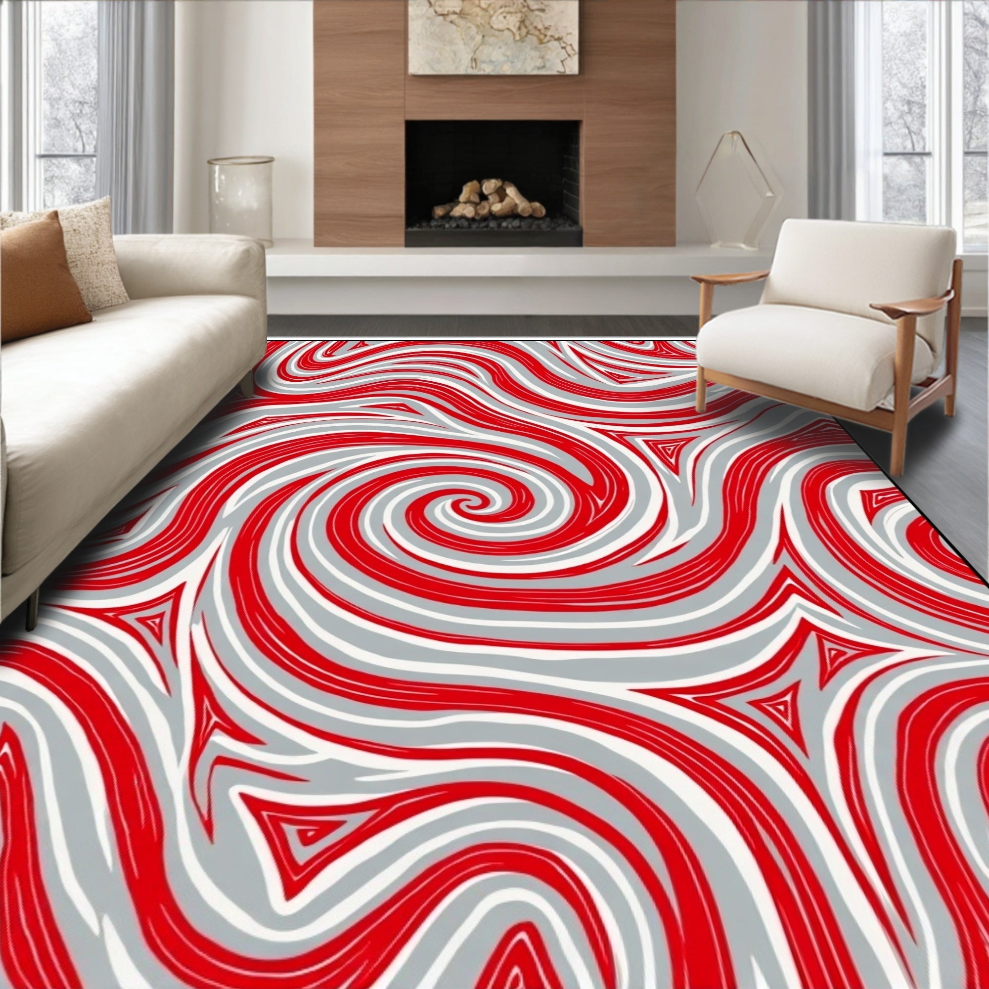 Red White Swirling Vortex Abstract Art Rug