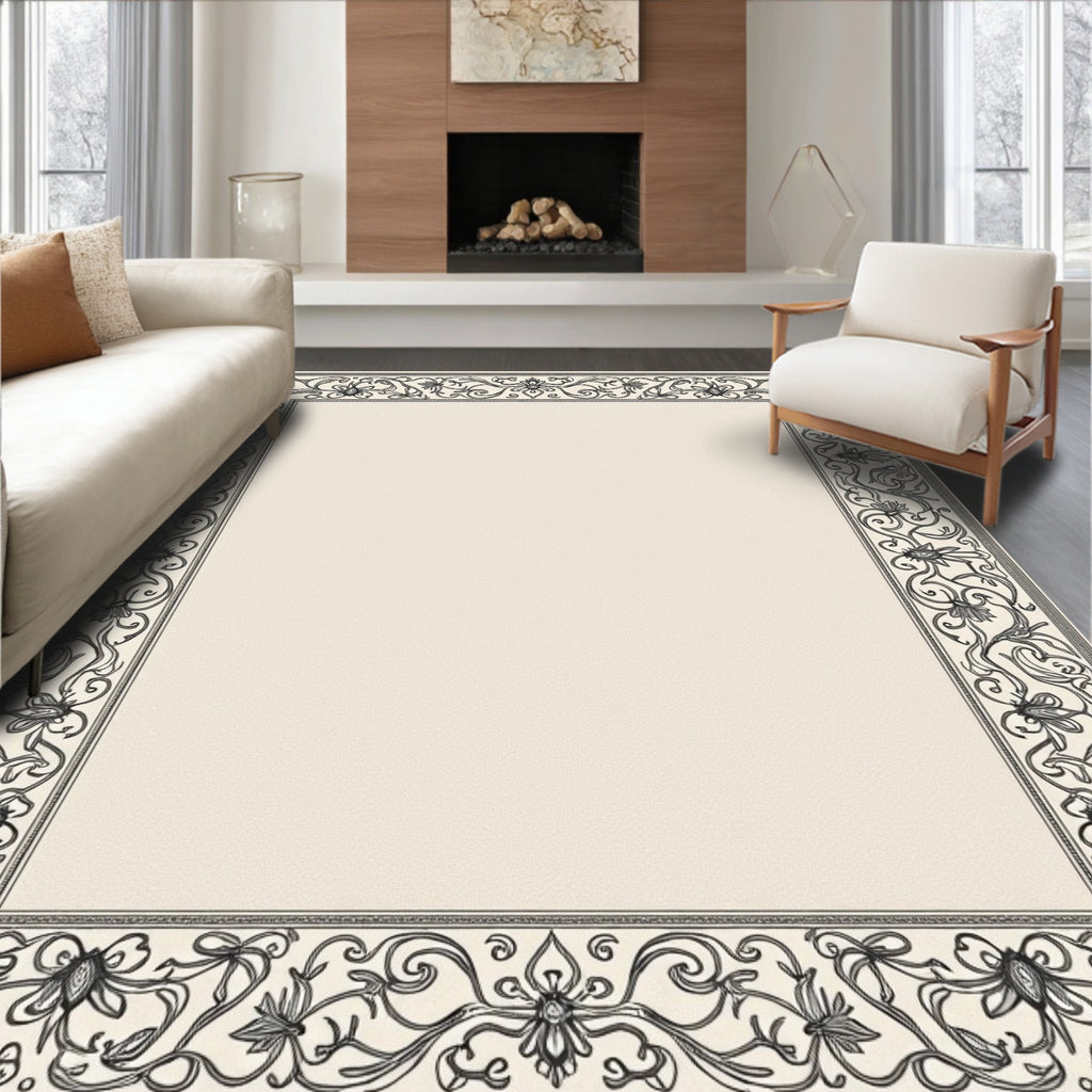Elegant Ivory Arabesque Floral Border Rug