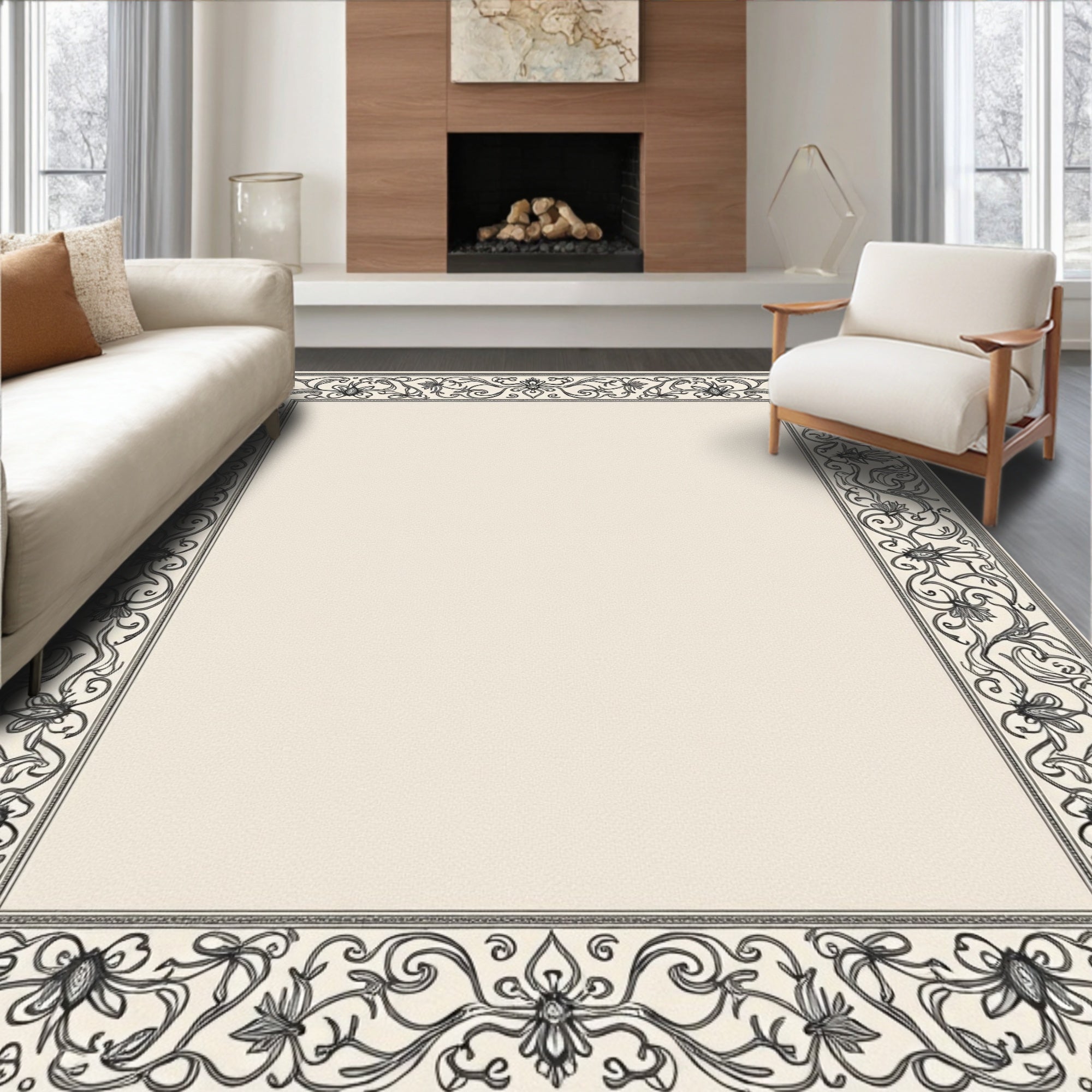 Elegant Ivory Arabesque Floral Border Rug