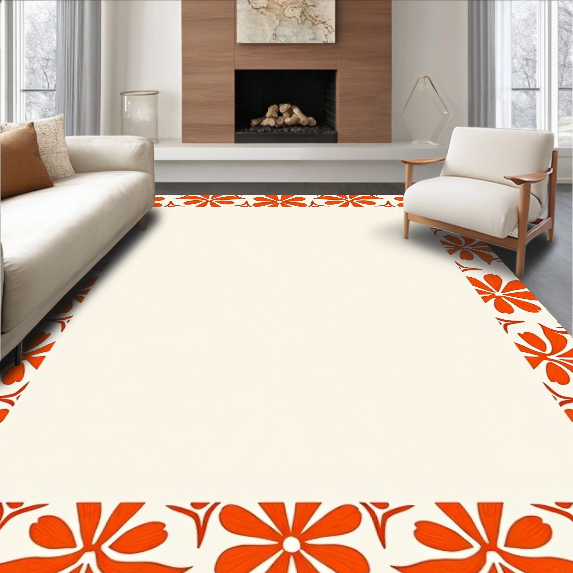 Vibrant Orange Floral Border Rug
