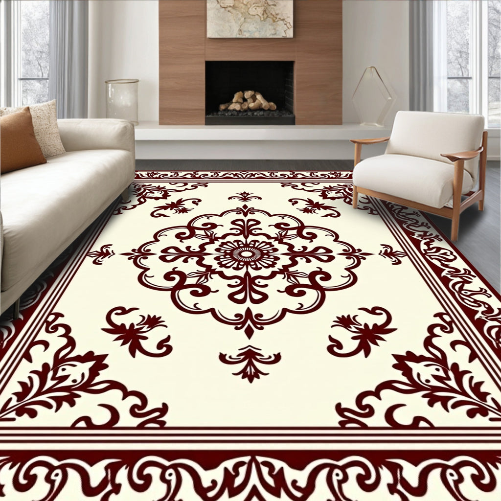 Deep Red Damask Medallion Border Rug