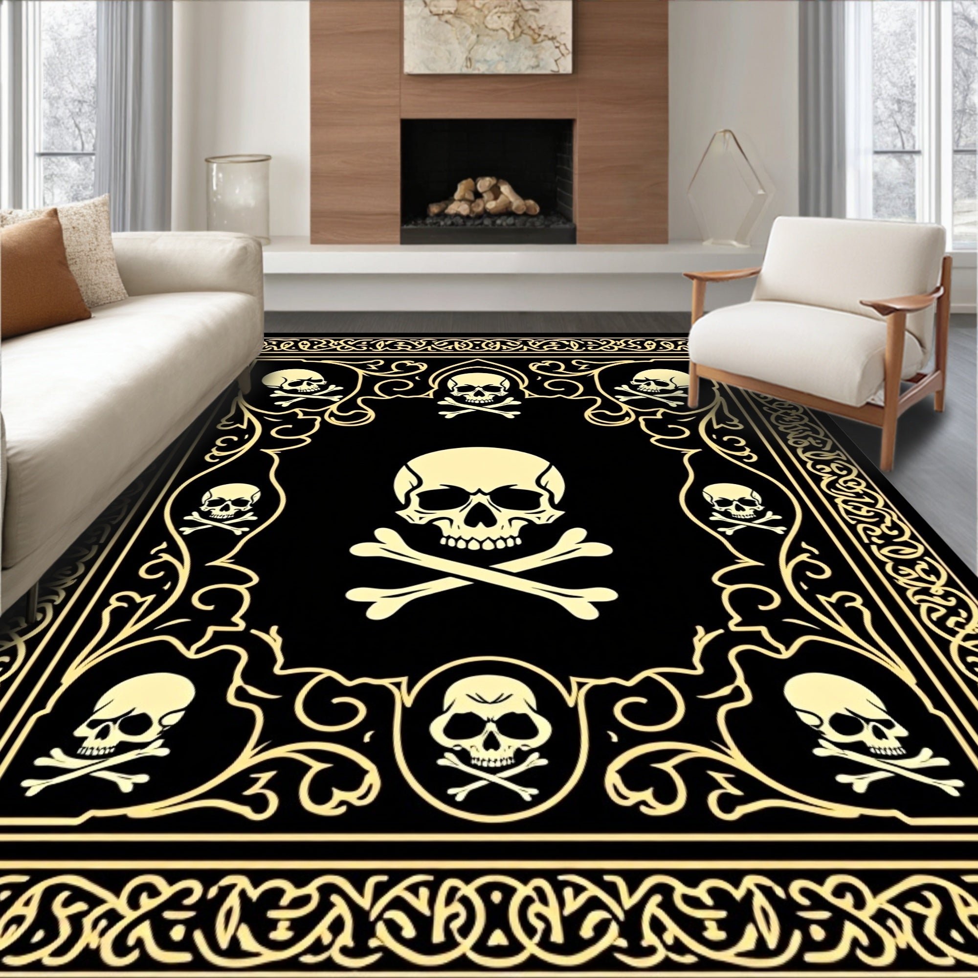 Golden Skull Crossbones Border Rug