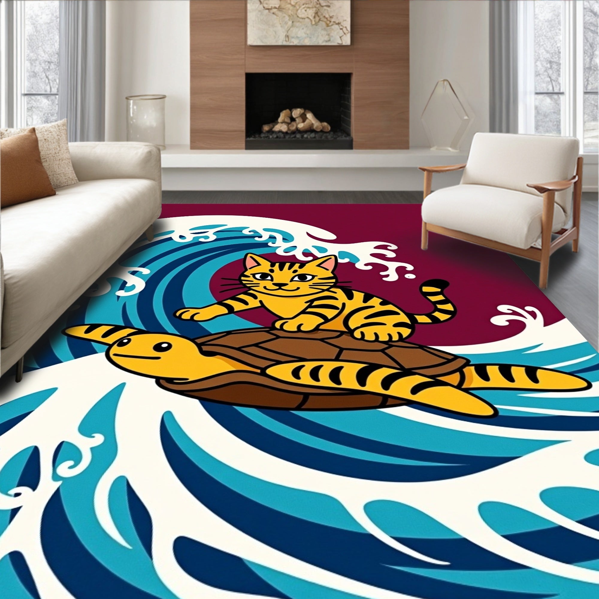 Yellow Cat Turtle Surfing Blue Wave Rug