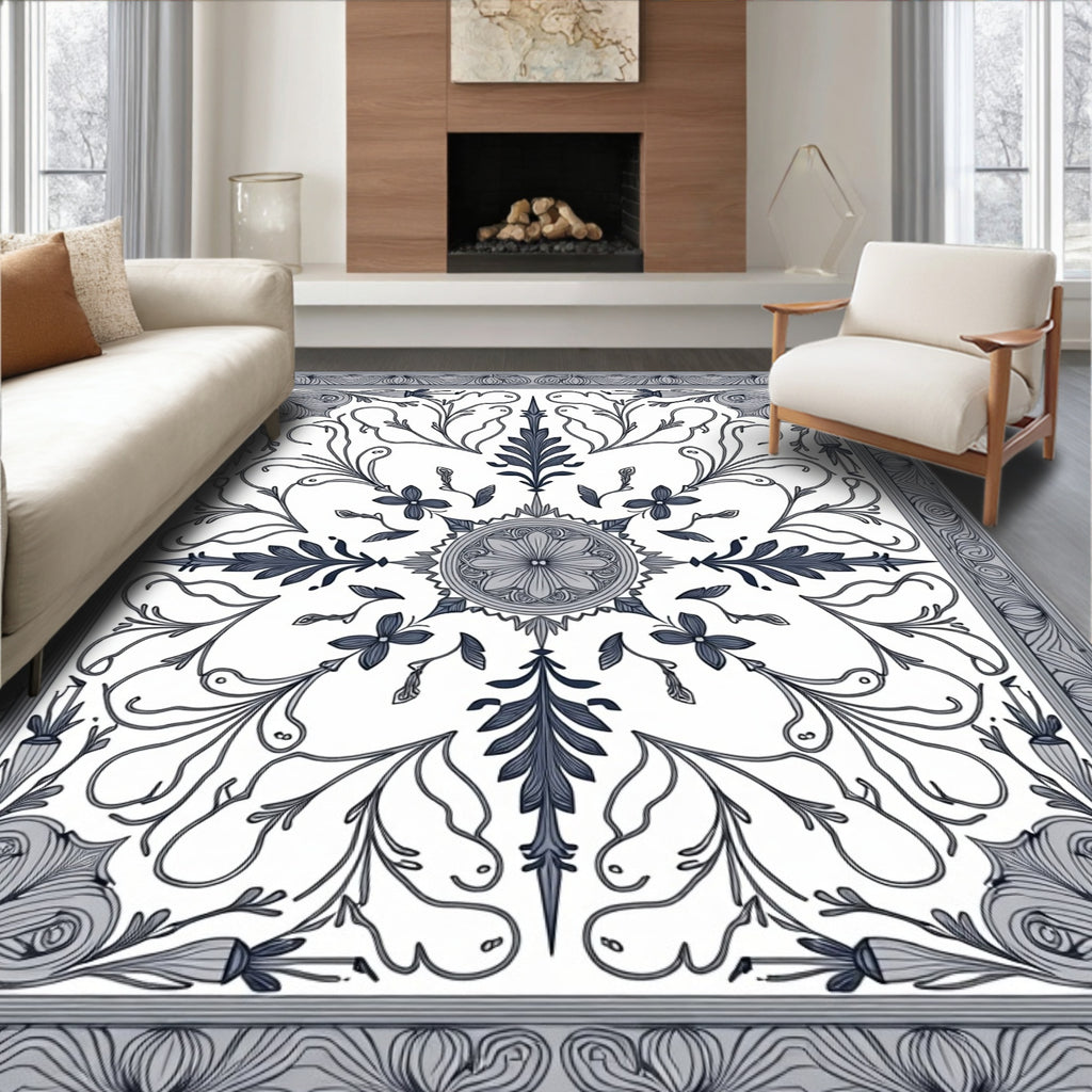 Gray Floral Medallion Scrollwork Border Rug