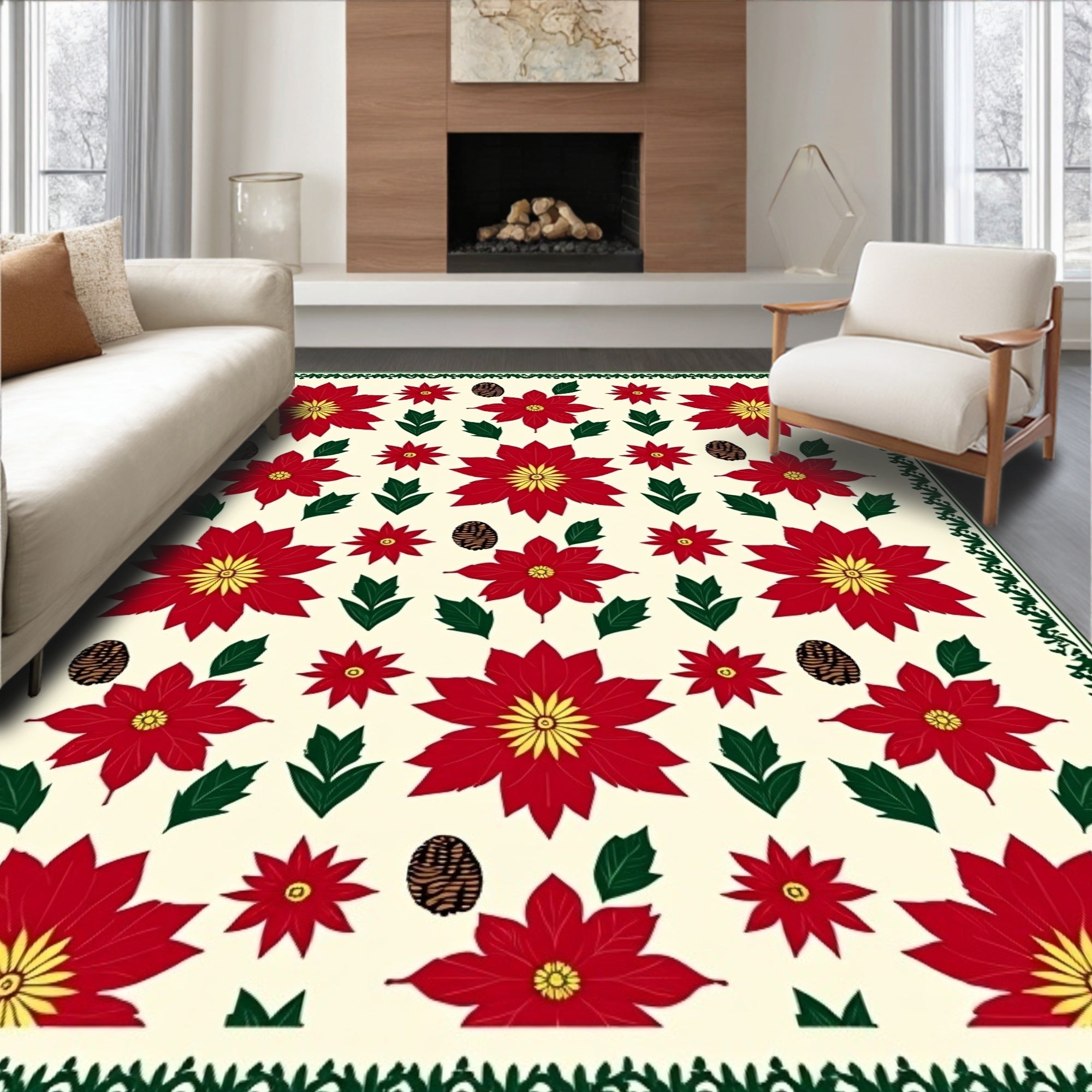 Crimson Red Poinsettia Pinecone Arrangement Rug